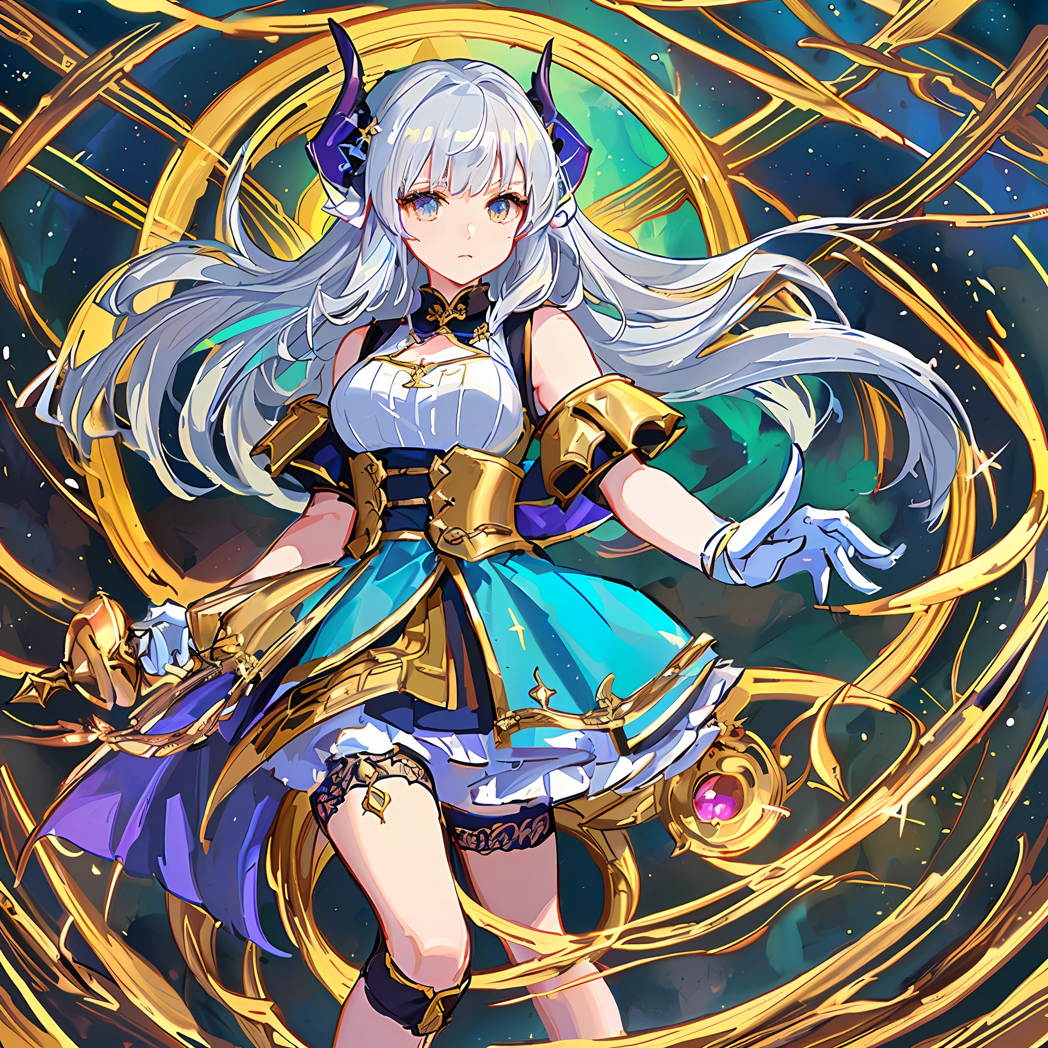 anime girl with long white hair and blue dress holding a sword, beautiful celestial mage, portrait knights of zodiac girl, knights of zodiac girl, high detailed official artwork, keqing from genshin impact, astri lohne, white haired deity, anime goddess, shadowverse style, alchemist girl, official artwork, detailed key anime art, ayaka genshin impact