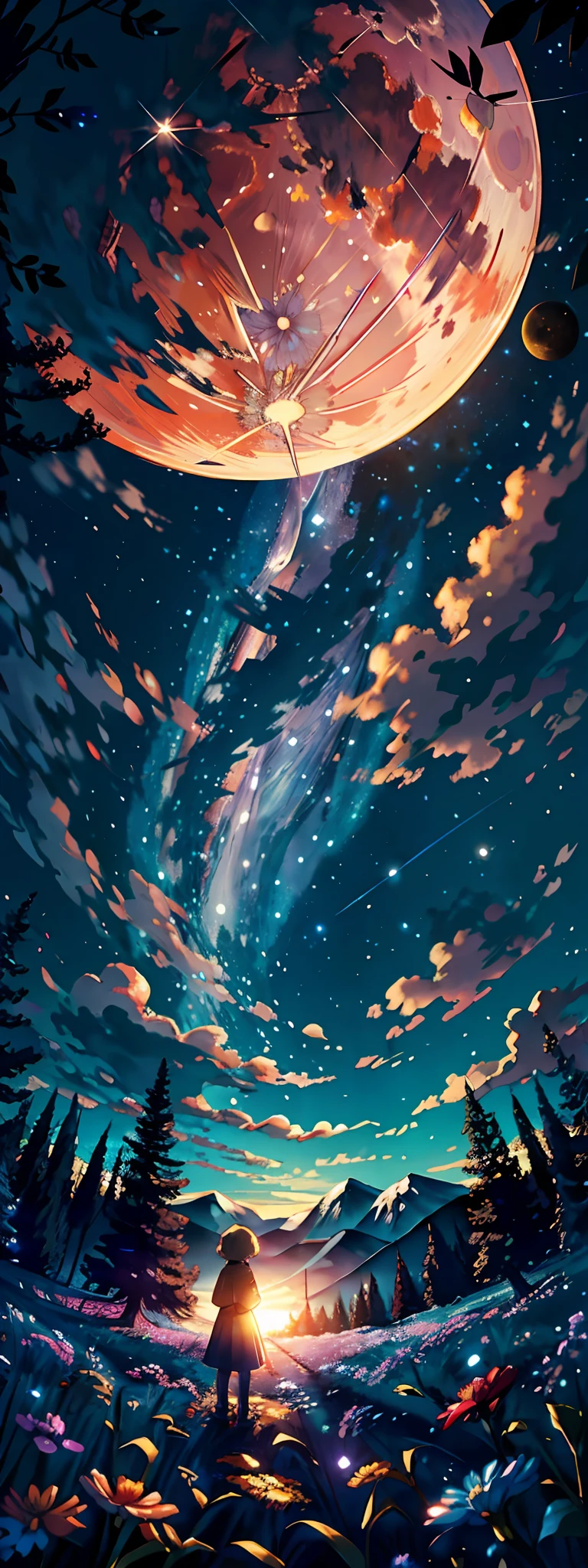 Expansive landscape photograph, (view from below with a view of the sky and the wilderness below), little girl standing in a flower field looking up, (full moon: 1.2), (shooting star: 0.9), (nebula: 1.3), distant mountain, tree break production art, (warm light source: 1.2), (firefly: 1.2), lamp, purple and orange, intricate detail, volume lighting BREAK (masterpiece: 1.2), (highest quality ), 4k, ultra-detailed, (dynamic configuration: 1.4), highly detailed and colorful details (iridescent: 1.2), (sparkling lighting, atmospheric lighting), dreamy, magical, (solo: 1.2)