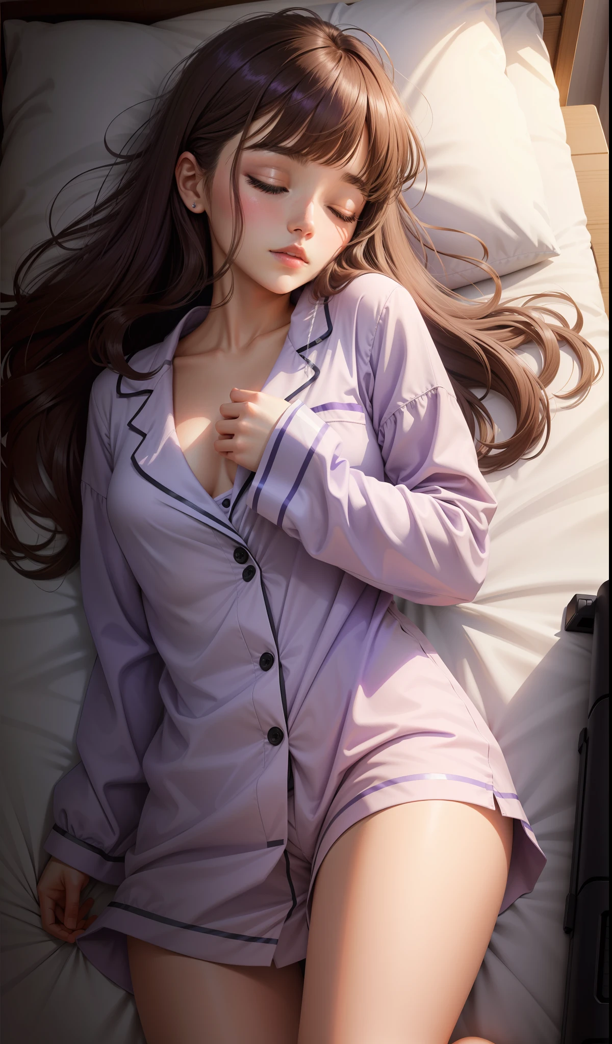 Sleeping girl, 22 years old, realistic, she is wearing pile light purple long pajama, brown hair.