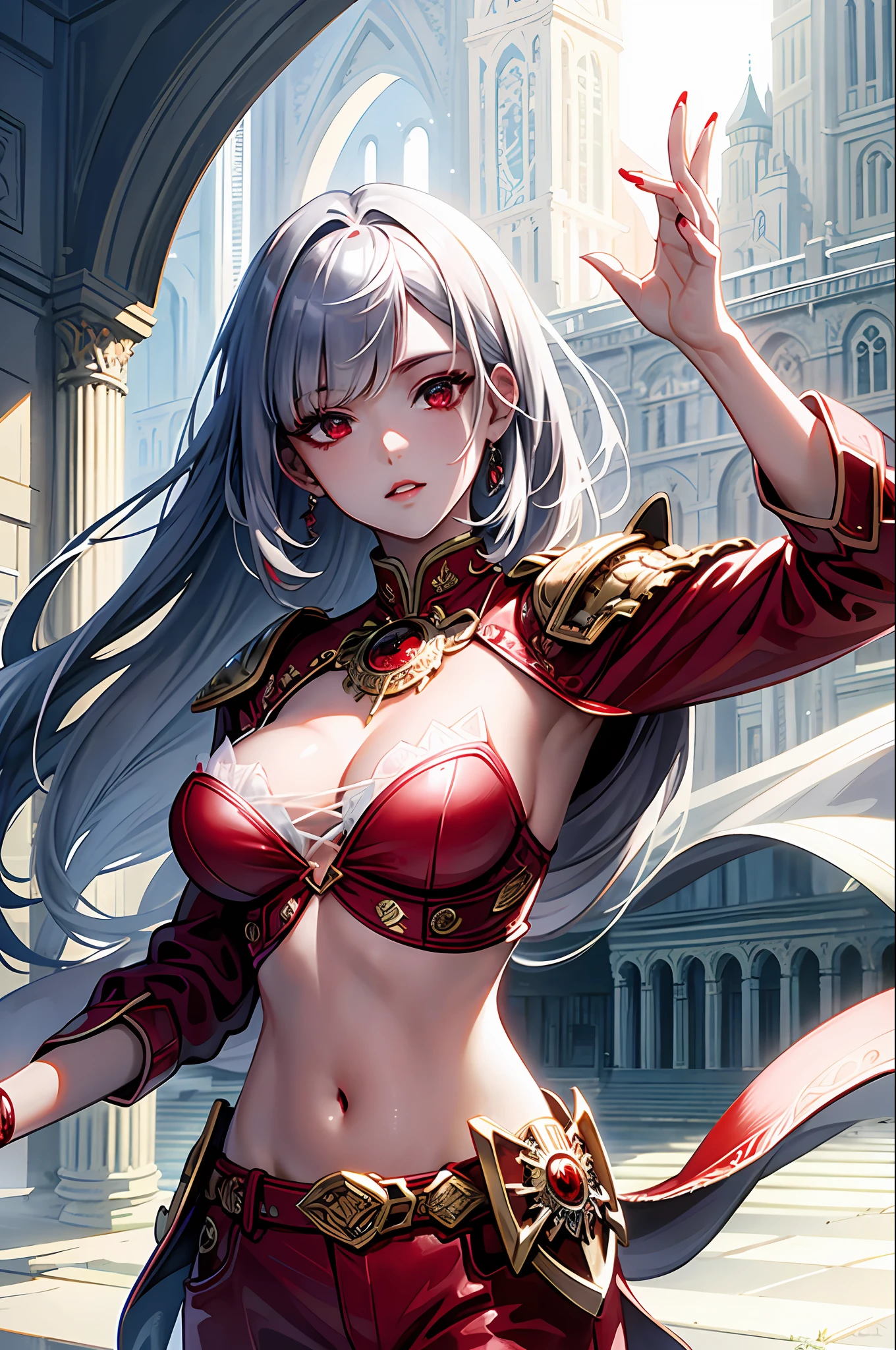 ((masterpiece)), (((best quality))), ((ultra detail)), ((illustration)), reflection, sharp focus, front lighting, intense shadows, realistic (beautiful detailed eyes), eyelashes, extremely tender and beautiful girl, ((red eye)), silver hair, jacket, trousers, long hair, with a katana, navel, medium breasts, shiny skin, cinematic lighting mask, beam tracing, depth of field, dynamic angle, looking at the viewer, (((best building))), (blood on face)