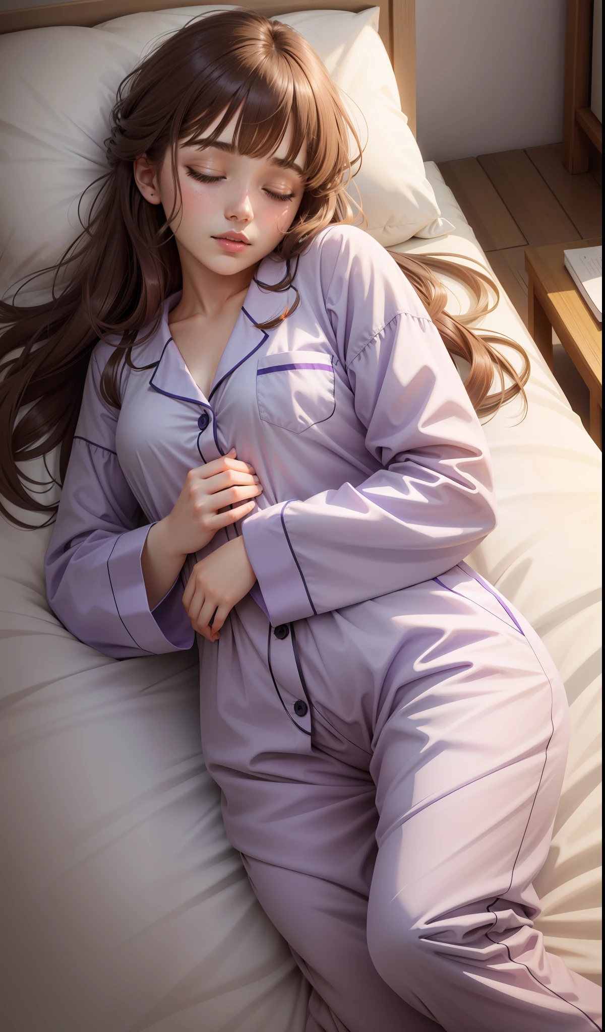 Sleeping girl, 22 years old, realistic, she is wearing pile light purple long pajama, brown hair.