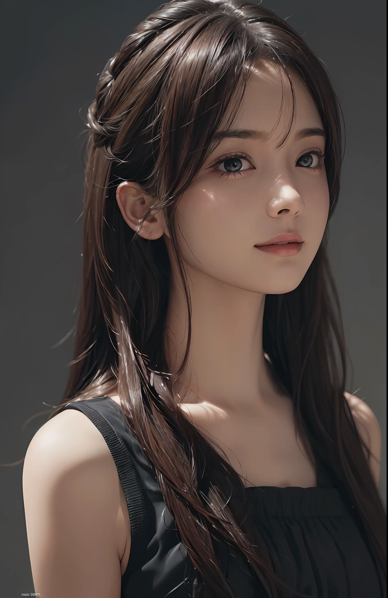 (Ultra Realistic), (Illustration), (Increased Resolution), (8K), (Extremely Detailed), (Best Illustration), (Beautiful and Detailed Eyes), (Best Quality), (Ultra Detailed), (Masterpiece ), ( wallpaper), (detailed face), solo, 1 girl, looking at viewer, fine details, detailed face, in the dark, deep shadows, low key, pureerosfaceace_v1, smiling, long hair, black shawl straight hair , 46 points oblique bangs