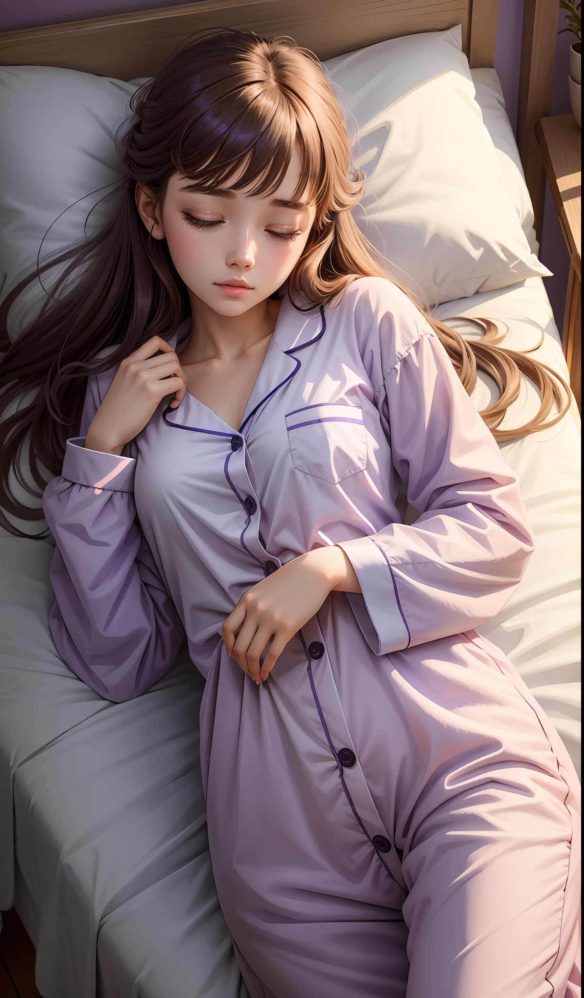 Sleeping girl, 22 years old, realistic, she is wearing pile light purple long pajama, brown hair.