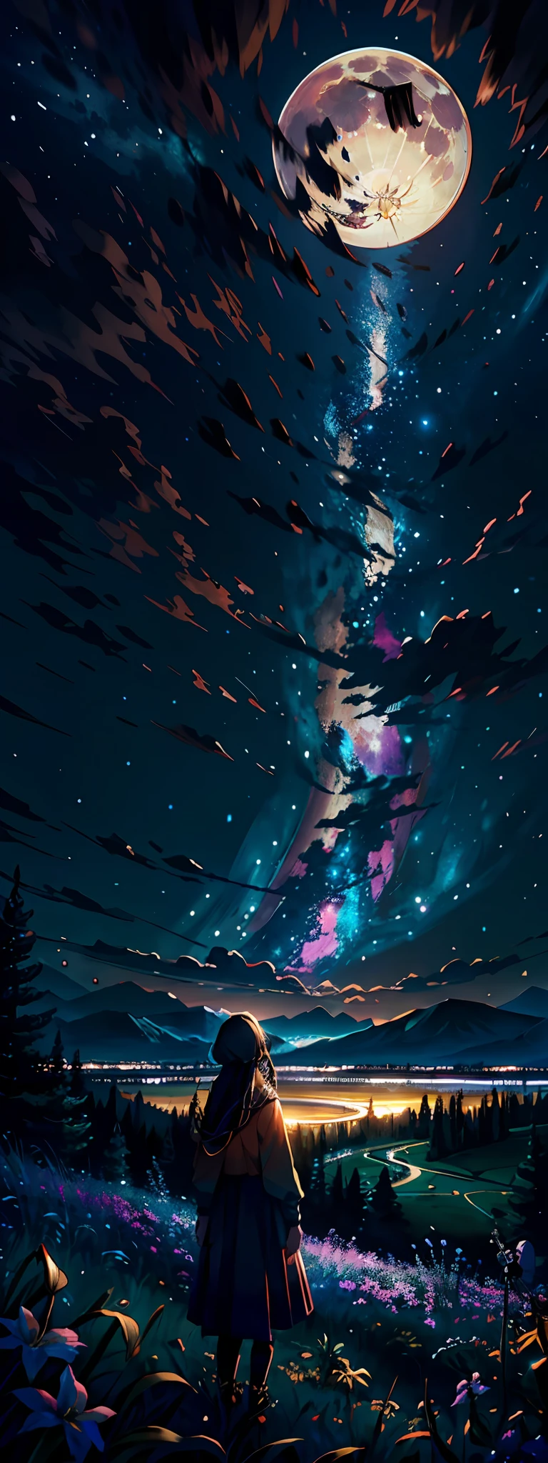 Expansive landscape photograph, (view from below with a view of the sky and the wilderness below), girl standing in a flower field looking up, (full moon: 1.2), (shooting star: 0.9), (nebula: 1.3), distant mountain, tree break production art, (warm light source: 1.2), (firefly: 1.2), lamp, purple and orange, intricate detail, volume lighting BREAK (masterpiece: 1.2), (highest quality ), 4k, ultra-detailed, (dynamic configuration: 1.4), highly detailed and colorful details (iridescent: 1.2), (sparkling lighting, atmospheric lighting), dreamy, magical, (solo: 1.2)