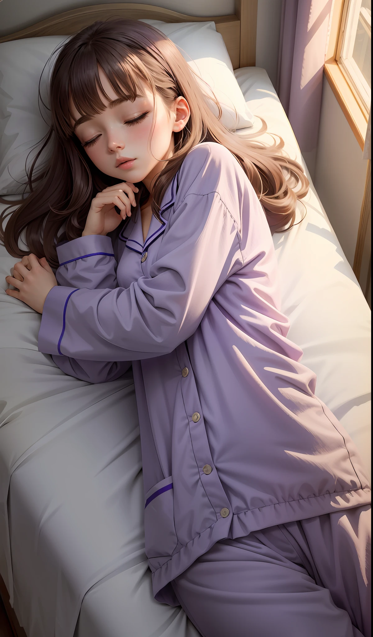 Sleeping girl, 22 years old, realistic, she is wearing pile light purple long pajama, brown hair.