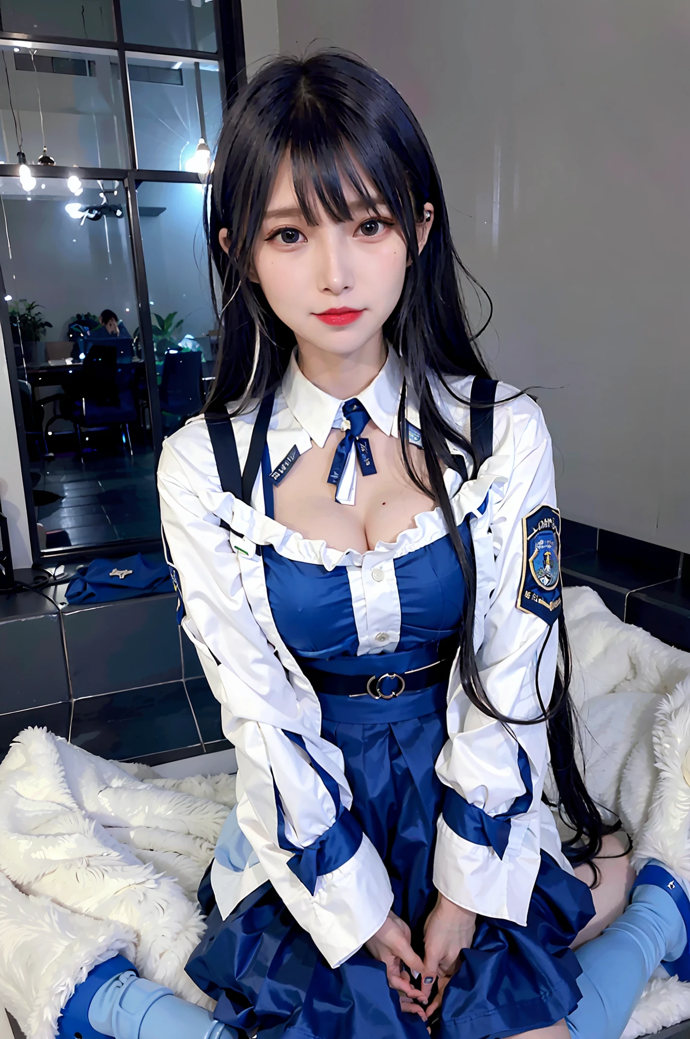 Nennini, (pureerosface_v1:0.66), Top Quality, Ultra High Definition, (Photorealistic: 1.4), 1 Girl, Nice Detailed Eyes, Slim Waist, Blush, Kpop Idol, (aegyo Sal: 1.0), Solo, Perfect Anatomy, (Big), (Cleavage), (Slender), (Black Hair: 1), (Watch the Viewer), Sitting, Legs Crossed, Chair, (original_alice), (light blue tie), (marine blue eyes), (table), (alice_halo:0.7), (blue halo), (smile), (happy), (pigtails), (long hair), (long bang), (blue archive), (black hair belt), (long coat), (uniform), (white long sleeve shirt), (pleated skirt), ( Navy Blue Skirt), (Barefoot), NSFW, Depth of Field, Glossy Skin, Slim Waist, Solo, Perfect Anatomy, Cosplayer