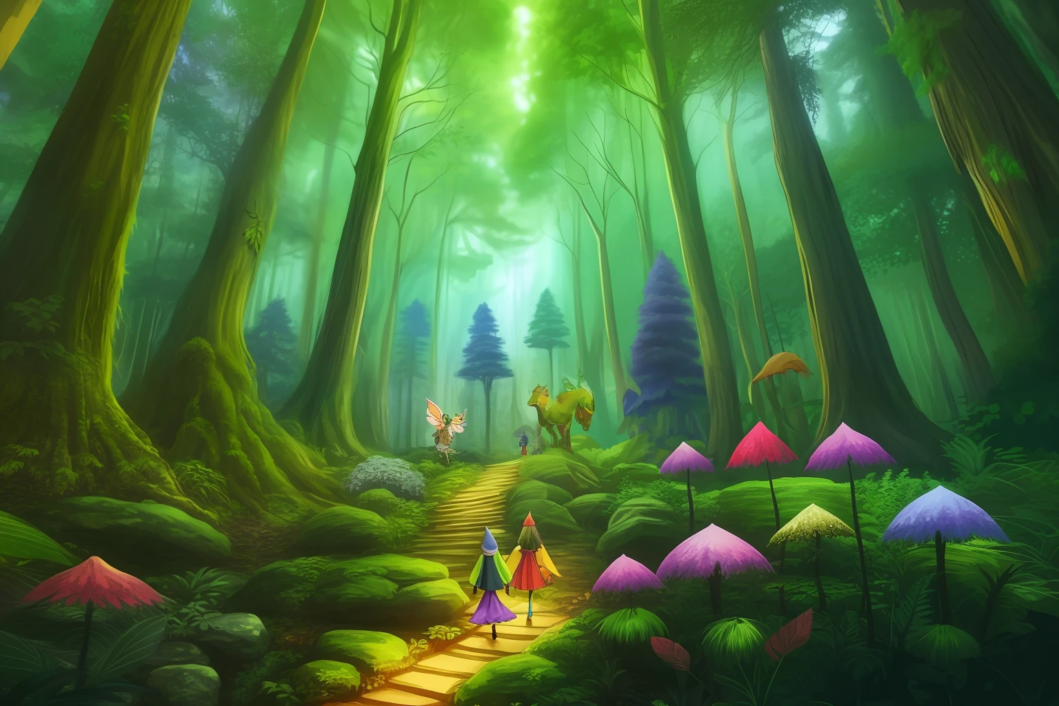 Enchanted forest, tall trees, colorful plants, friendly animals, magical beings, fairies, elves, goblins, desanho