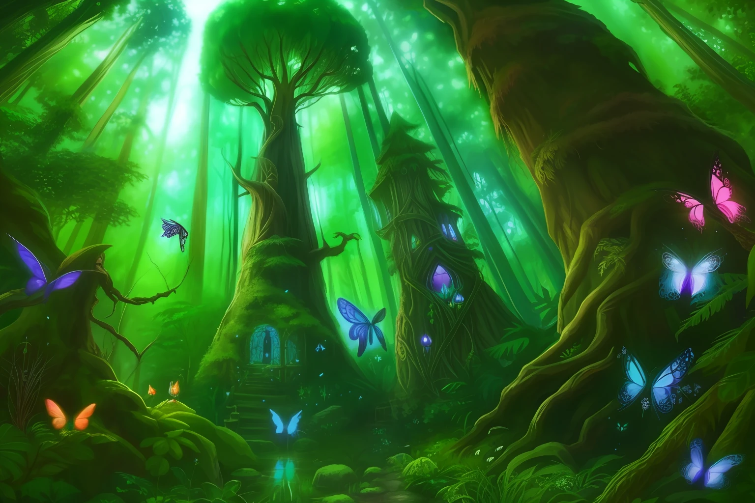 Enchanted forest, tall trees, colorful plants, friendly animals, magical beings, fairies, elves, goblins, desanho
