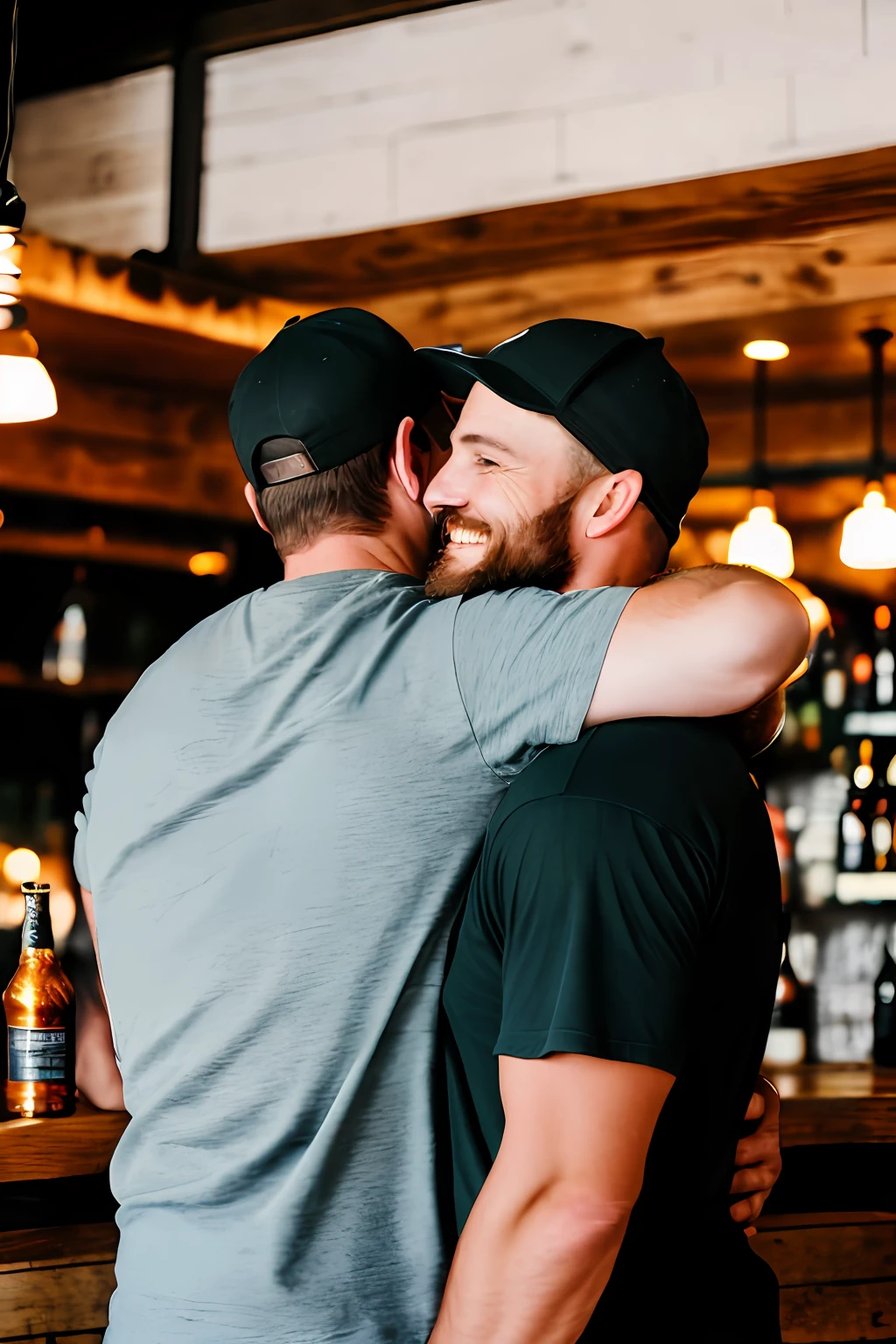 Two lumberjack-style men, burly, cap on head, plain black T-shirt and safari pants, safari boots, hugging, passionately. Looking at each other, one of them from behind hugging over the other's shoulder, smiling, in a bar, beer, counter, several other people drinking beer, fun. Depth of field highlighting only the two characters