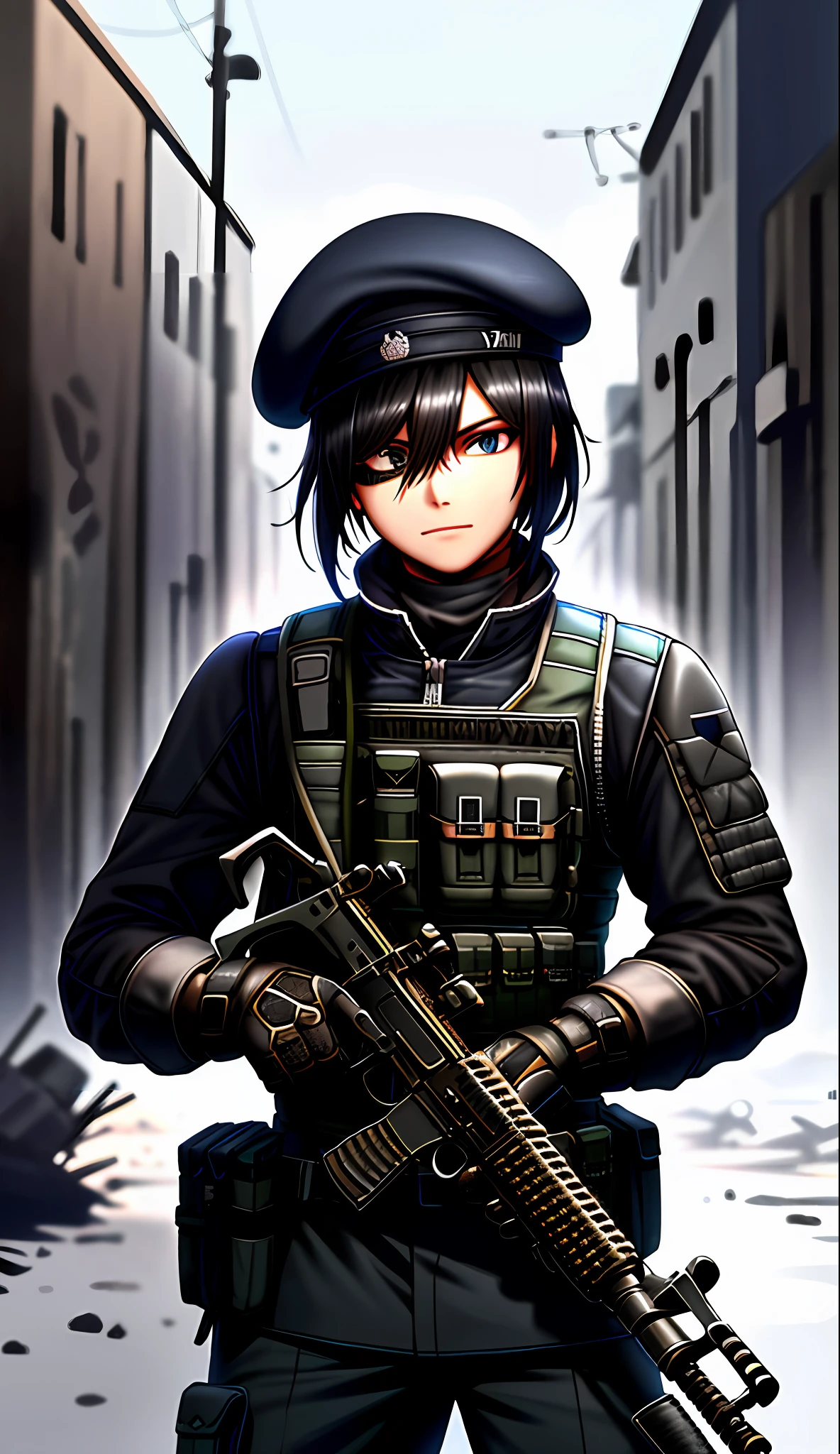 Soldier with black uniform and g36c rifle, terrorist, ruined background, realistic, stylish, dark blue beret, black balaclava, tactical vest, intricate details, hyperdetailed, cinematic, rim light, danger atmosphere