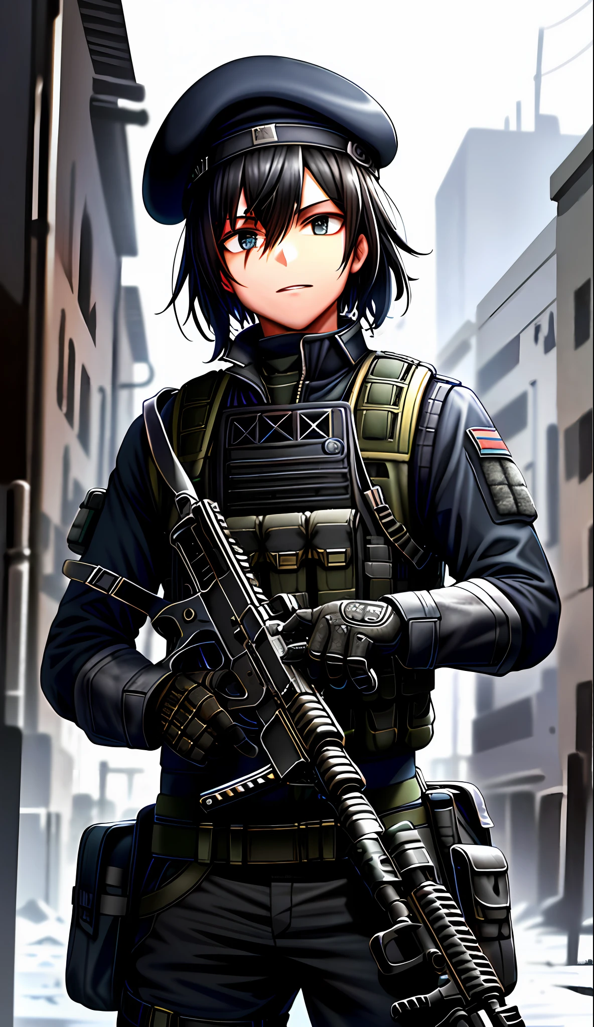 Soldier with black uniform and g36c rifle, terrorist, ruined background, realistic, stylish, dark blue beret, black balaclava, tactical vest, intricate details, hyperdetailed, cinematic, rim light, danger atmosphere