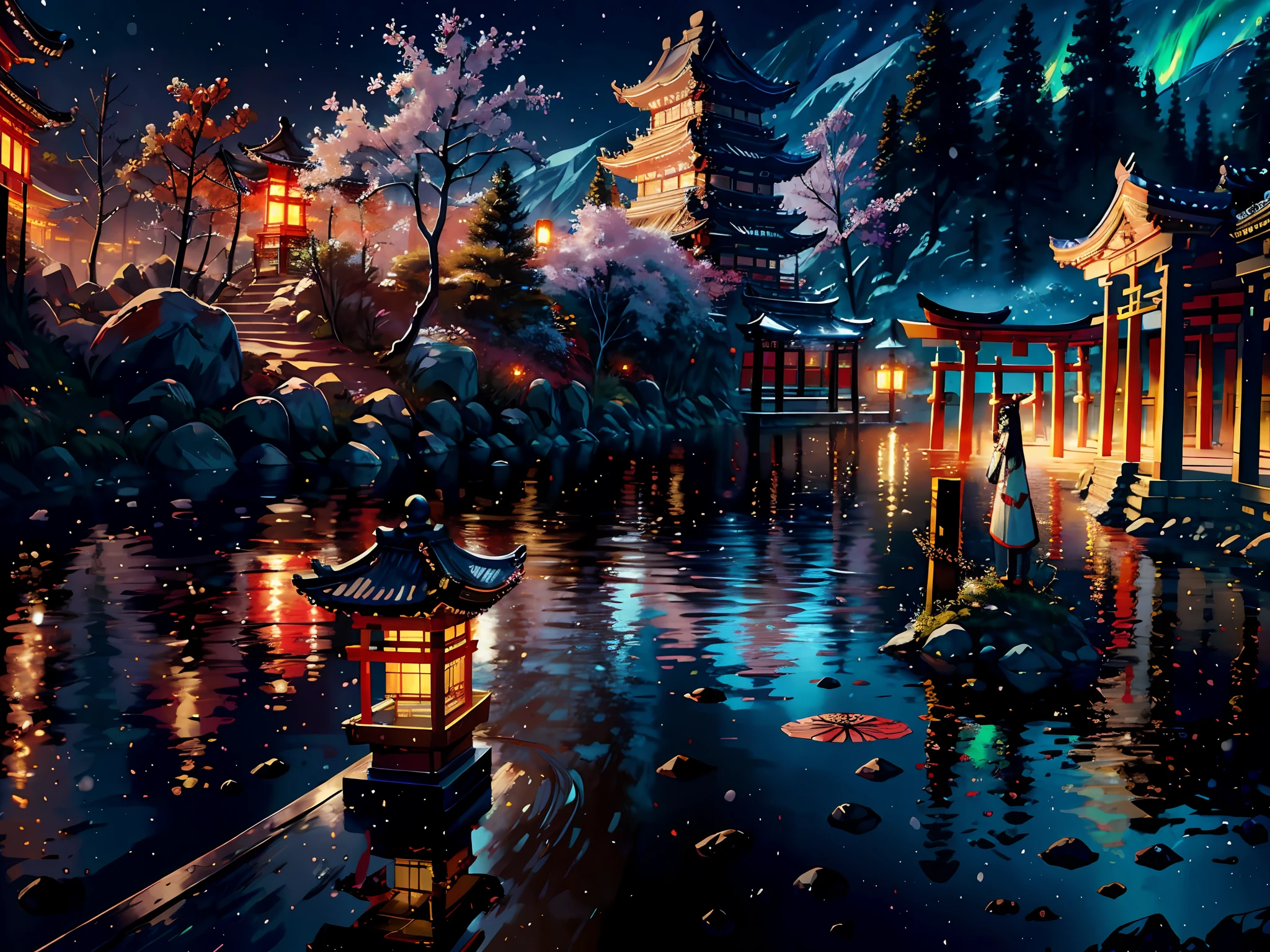 scenery, tree, shrine, outdoors, shimenawa, real world location, rope, east asian architecture, architecture, traditional media, day, building, (Chinese Architecture:1.3), (Cornices:1.3), Wooden Pillars, Unreal Engine, Realistic, Detailed Rendering, Volumetric Lighting, Octane Rendering, Focus, HD, Photography Style, Masterpiece, Perfect Work, Masterpiece, Award-winning work, intricately detailed, 1girl, gorgeous, pretty, red lips, eye_makeup, extremely detailed eyes and face, beautiful detailed eyes, light on face, nose blush, long hair, medium breasts, photo realistic, Chinese clothes, hanfu, snow, outdoors, solo, black hair, tree, hair ornament, sash, shrine, floral print, sky, looking at viewer, stone lantern, night, winter, snowing, architecture, flower, east asian architecture, standing, bangs, hair flower, closed mouth, bare tree, stairs, sidelocks, lantern, scenery, long hair, best quality, super detailed, masterpiece, illustration, (clear background), (detailed light), lighting, (clear sky), night, stars, starry sky, moonlight, water droplets with clear detail:, ripple: 1.1, ake: 1.1, colorful aurora,Dynamic, floating, luminous, League of Legends original painting, (wide-angle viewing angle: 5, )Highest detail, girl of the gods, (walking slowly on the water：1.5), lights emanating from the house, (high contrast),(lam_style, colorful_hair),((masterpiece)), (realistic), (solo:1.2), (original), (very detailed wallpaper), photographic reality, very detailed illustrations, (super intricate details), perfect detail Features, Perfect Detail, (Super Intricate Detail), Panorama, (Cybernetically Enhanced), (Glowing Eyes), (Snow: 1.2), (Otherworldly: 1.5), (Candlelight: 1.2),, (Wood structure:1.2), (smooth:1.2), (night:1.2), (mystery:1.2), (hover:1.2), (float:1.2), (hover:1.2), (torii:1.2), ( Surreal: 1.2), (Fantasy: 1.2), (Radiation: 1.2), (Sparkle: 1.2), (Blink: 1.2), (Glow: 1.2), (Glow Pattern: 1.2),