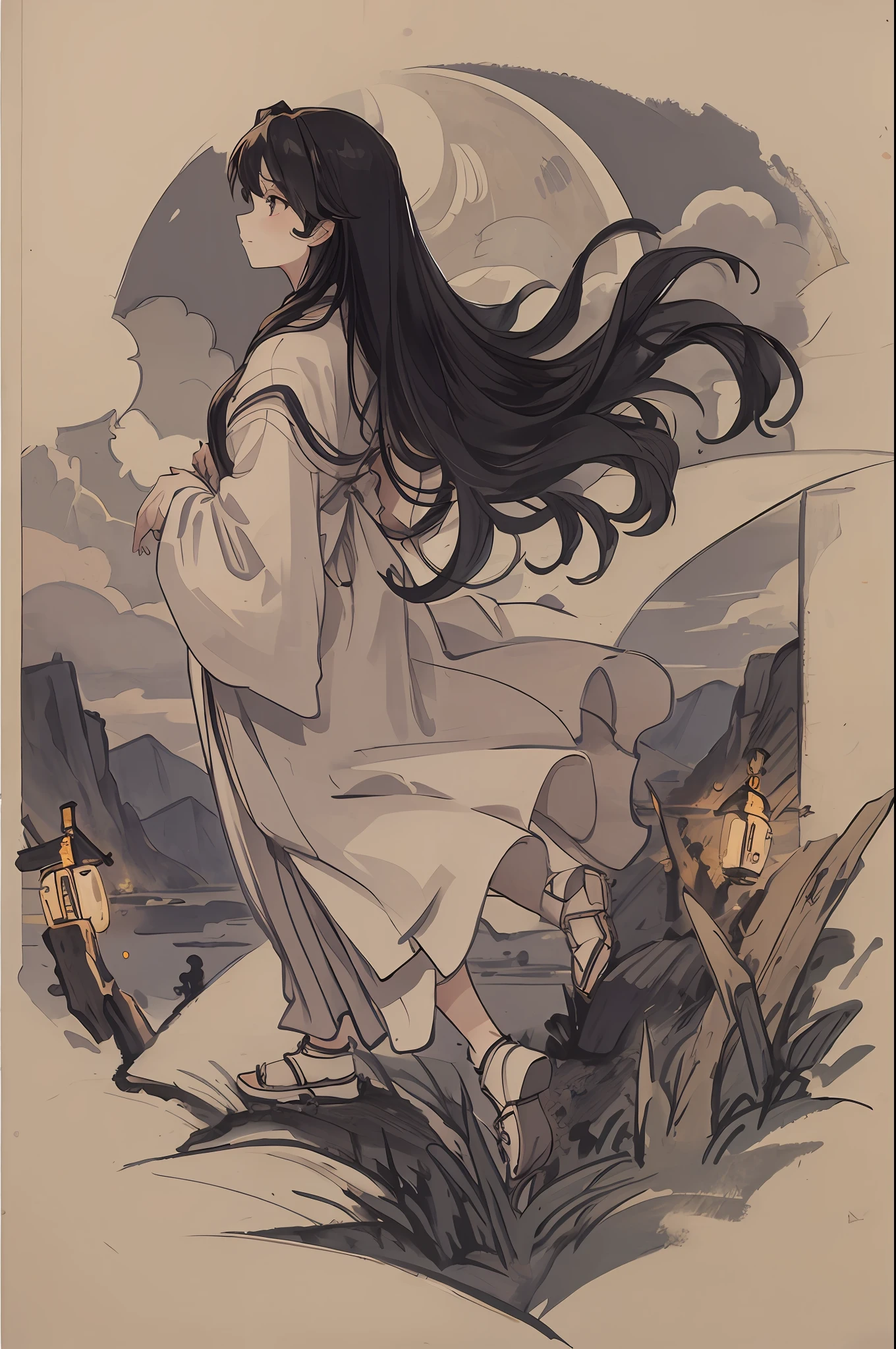Masterpiece, best quality, night, hills, clouds, full moon, long hair, woman, silhouette, firefly.