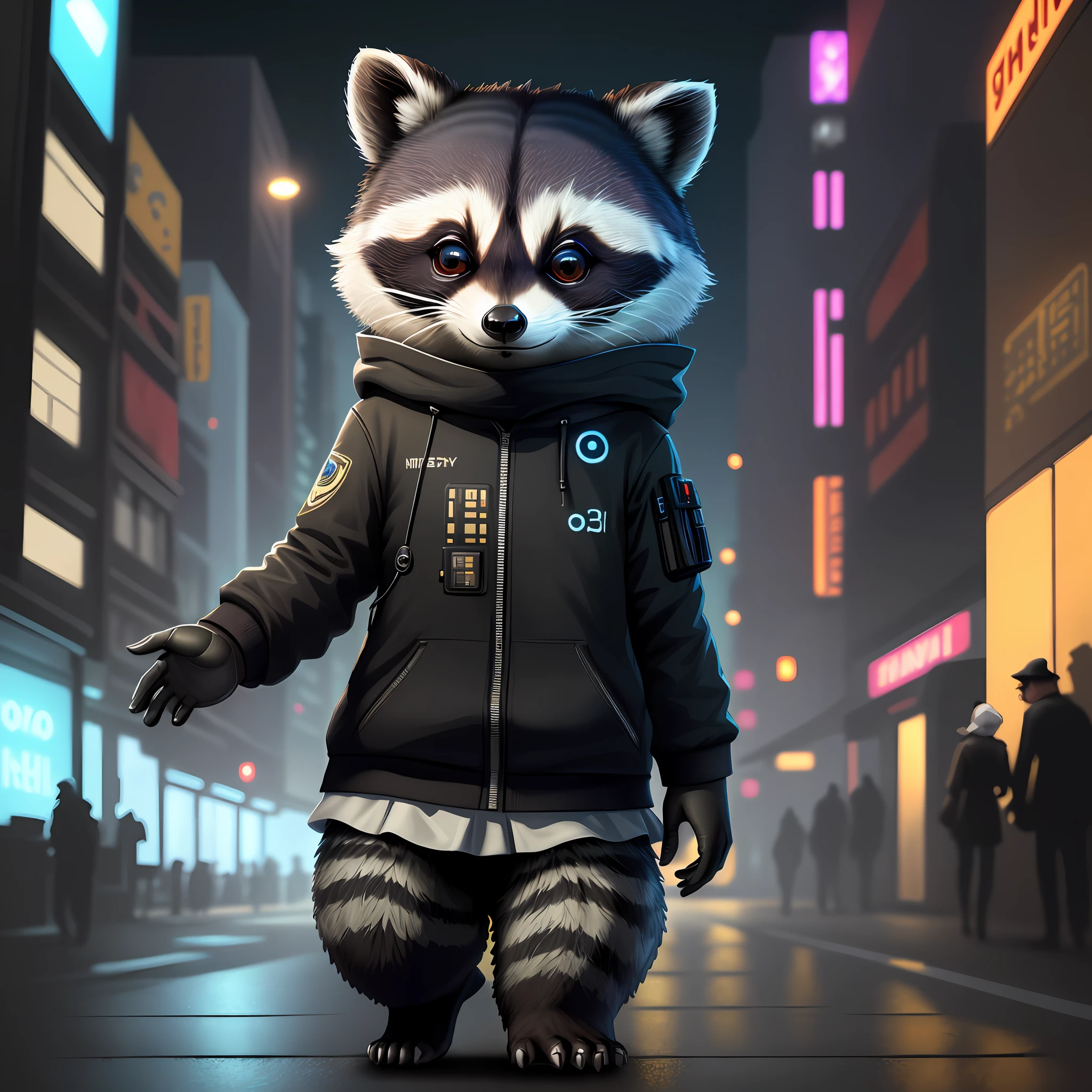 masterpiece, ultra-realistic, 32k, highly detailed CG Unity 8k wallpaper, top quality, (Fish raccoon: 1.2), (Science fiction noir: 1.3)