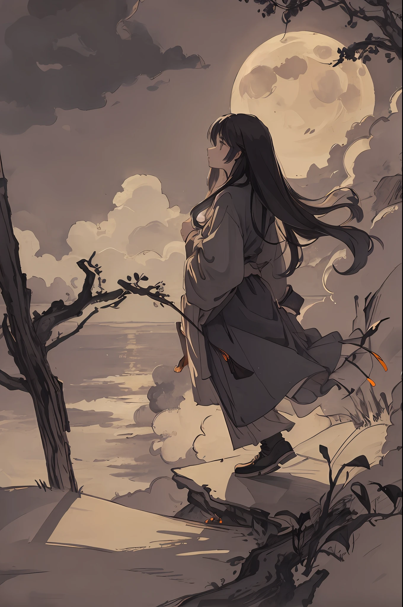 Masterpiece, best quality, night, hills, clouds, full moon, long hair, woman, silhouette, firefly.