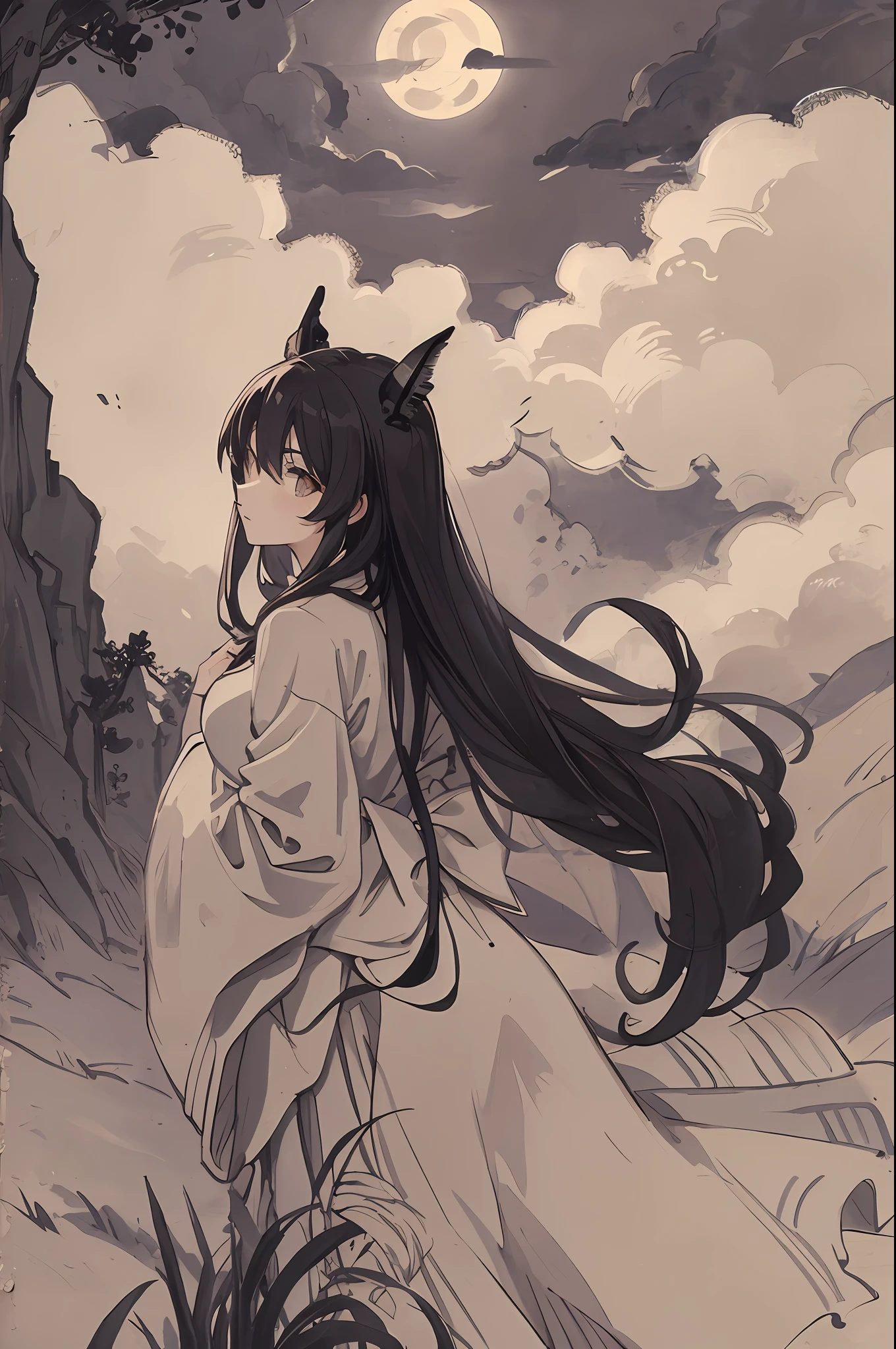 Masterpiece, best quality, night, hills, clouds, full moon, long hair, woman, silhouette, firefly.