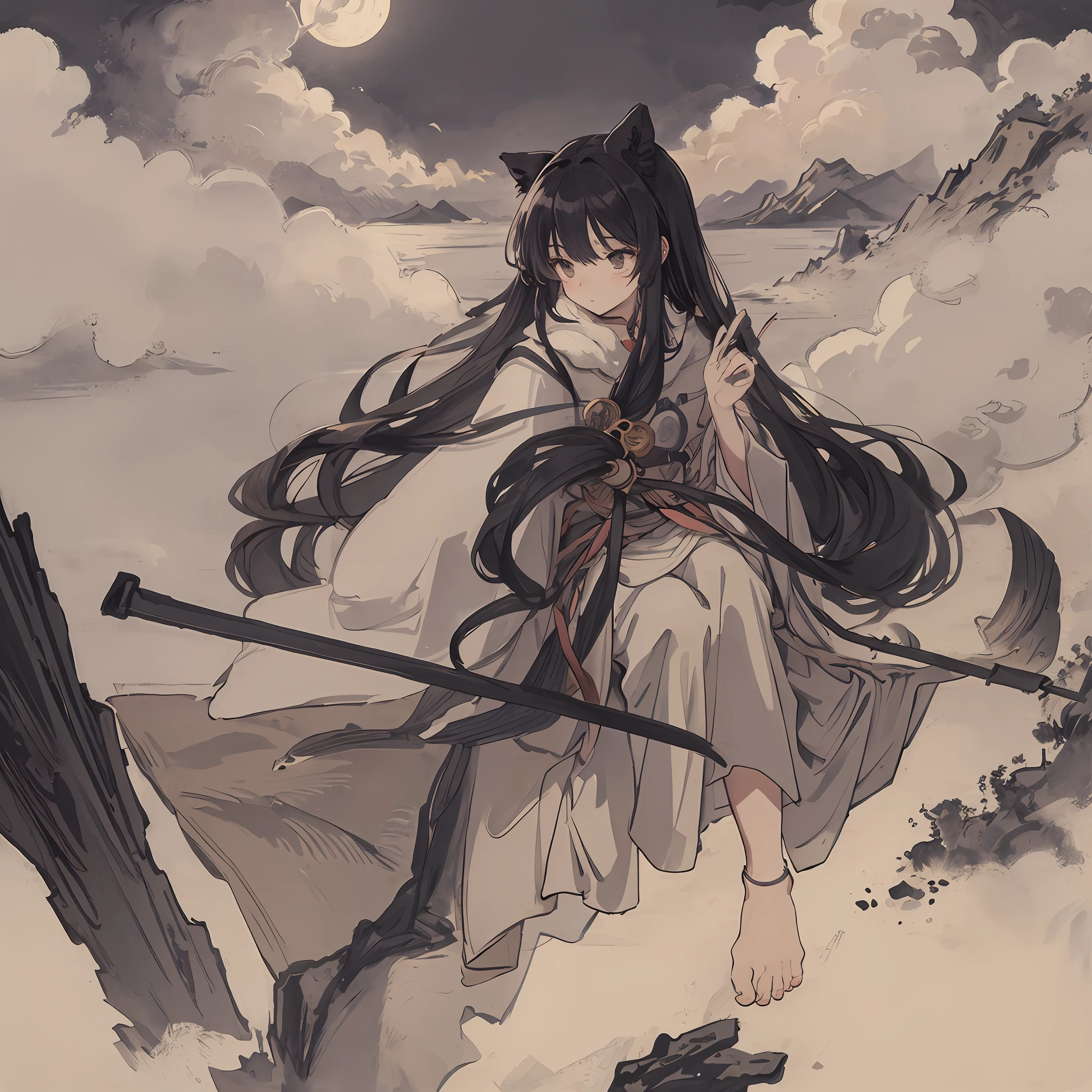 Masterpiece, best quality, night, hills, clouds, full moon, long hair, woman, silhouette, firefly.