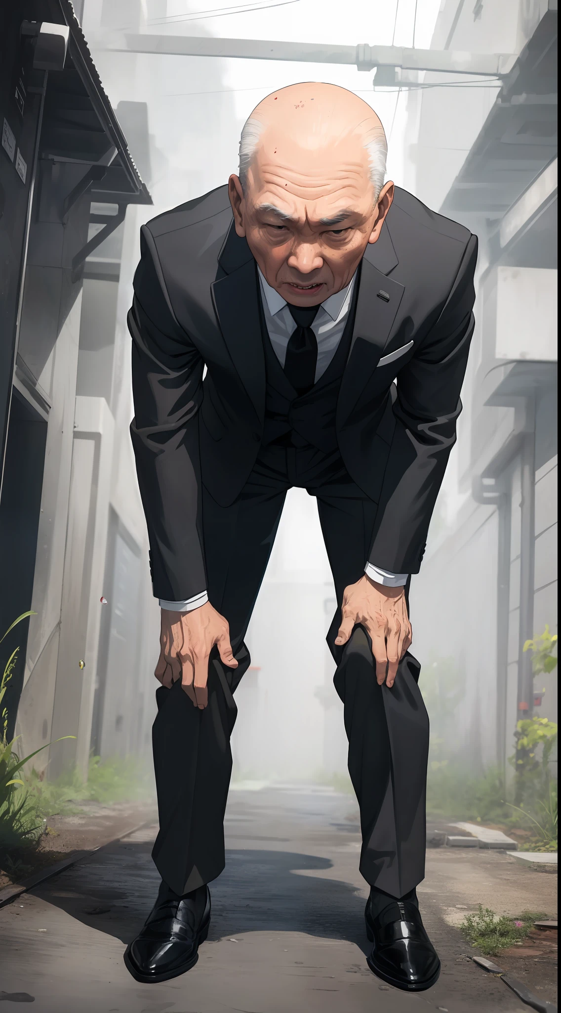 (all fours, hand on ground, full body:1.3), asian old man, blood, BREAK, very dark grey suit, bottomless, looking at viewer, black thin tie, very angry, highres, ultra detailed, finely detail