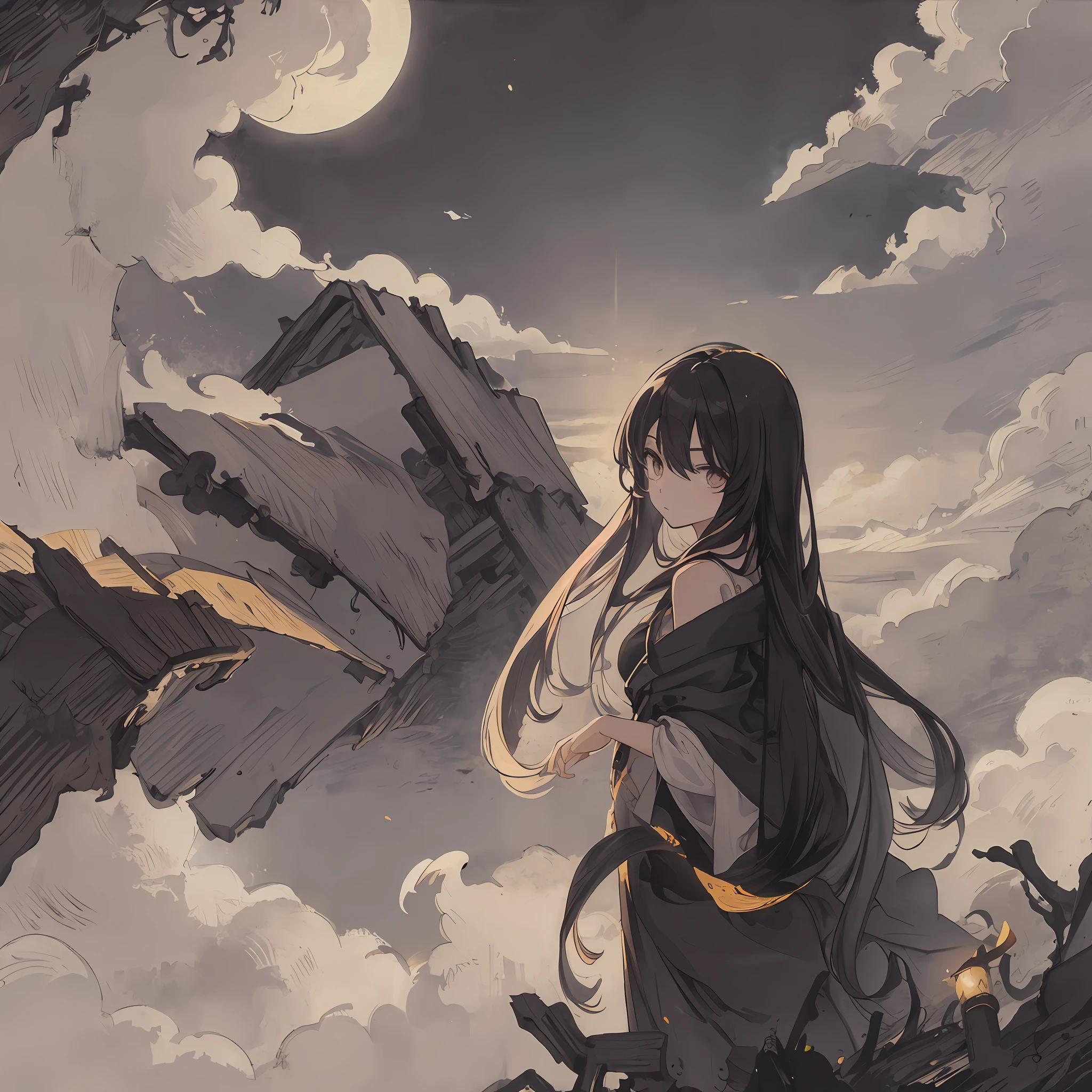 Masterpiece, best quality, night, hills, clouds, full moon, long hair, woman, silhouette, firefly.