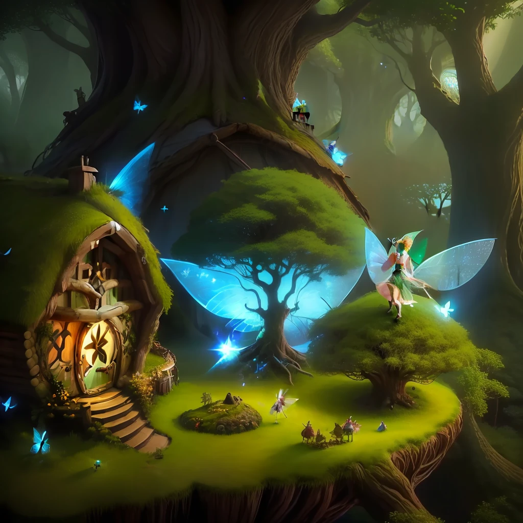 (((fairies throwing pixie dust)))+ tree of life on top of hobbit house, include top of tree, include ants, isolate image, 8k, upscale