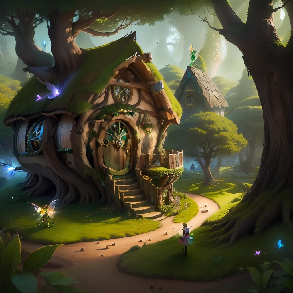 (((fairies throwing pixie dust)))+ tree of life on top of hobbit house, include top of tree, include ants, isolate image, 8k, upscale