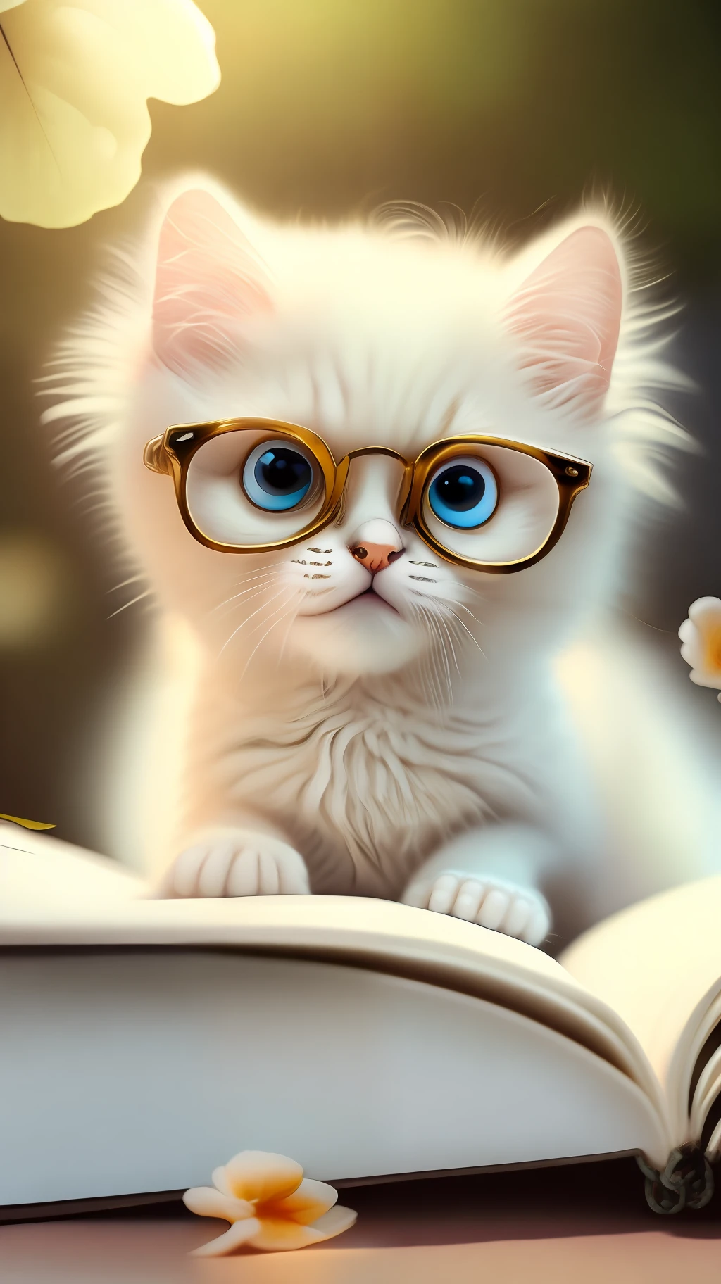 Very cute white tropical punk kitten lying on book, big eyes, glasses, open mouth, laughing, excitement, flowers, professional light, depth of field 8k, golden magic moment, professional photography, octane rendering, super realistic - amazing sunlight, dynamic composition, photography, sharp focus, bokeh