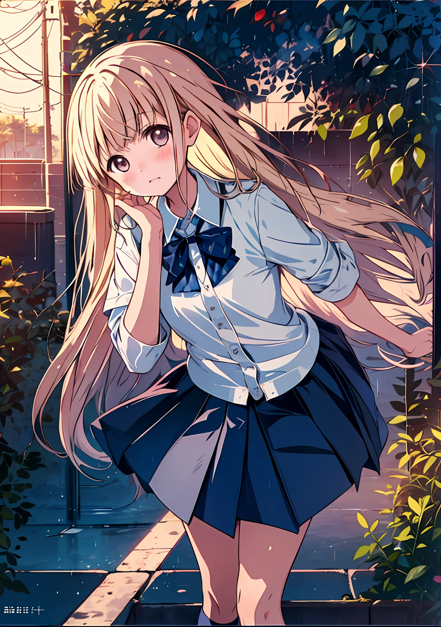 1girl,schoolgirl uniform, shy, blush, wet, rain, transparent, (masterpiece, best quality), soft light, cinematic composition, cinematic light