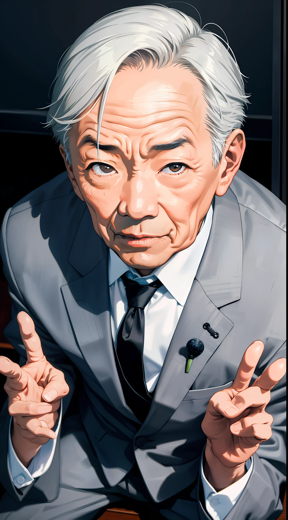 face, sitting, from above, asian old man, terrified, double peace, very dark grey suit, looking at viewer, black thin tie, highres, ultra detailed, finely detail