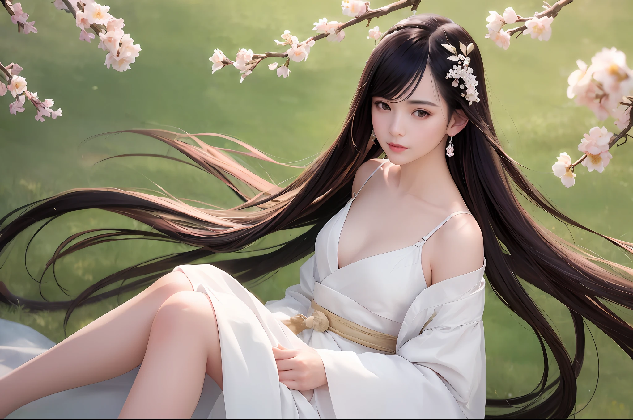 (best quality, masterpiece:1.2), (realistic, photorealistic:1.25), an extremely delicate and beautiful photo, extremely detailed, highres,Girl Portrait, (Face: 1.2), Floating Hair, Wind, Cloud, Sunshine, Movie Light, Bangs, Face Closeup, Sky Background, Oil Painting Texture, Clear Hair, Light Hair, Flowers, Girly, Smiling Face, Bright Eyes, Single Line shoulders, collarbone, shirt, autumn, bare shoulders, bare tree, black hair, branches, cherry blossoms, cleavage, coat, (robe: 1.21), collarbone, earrings, hair accessories, Hanfu, jewelry, lips, long hair, mid-chest , Sitting, Solo, Tassels, Tree, Wide Sleeves, See-Through Clothing, See-Through Clothing, Silk, Negative Space, Ink Painting, Statue, Willow Branches, (Masterpiece Best Quality: 1.2), Chinese Painting Ink, Model Shooting Style, Peaceful, Looking at the viewer, wearing long Hanfu, song, willow in the background, shirt, nsfw, full body, head to toe, natural body, girly look, flying hair
 ,Beautiful face, (young beauty, adult,) little shy cute face,arms behind back