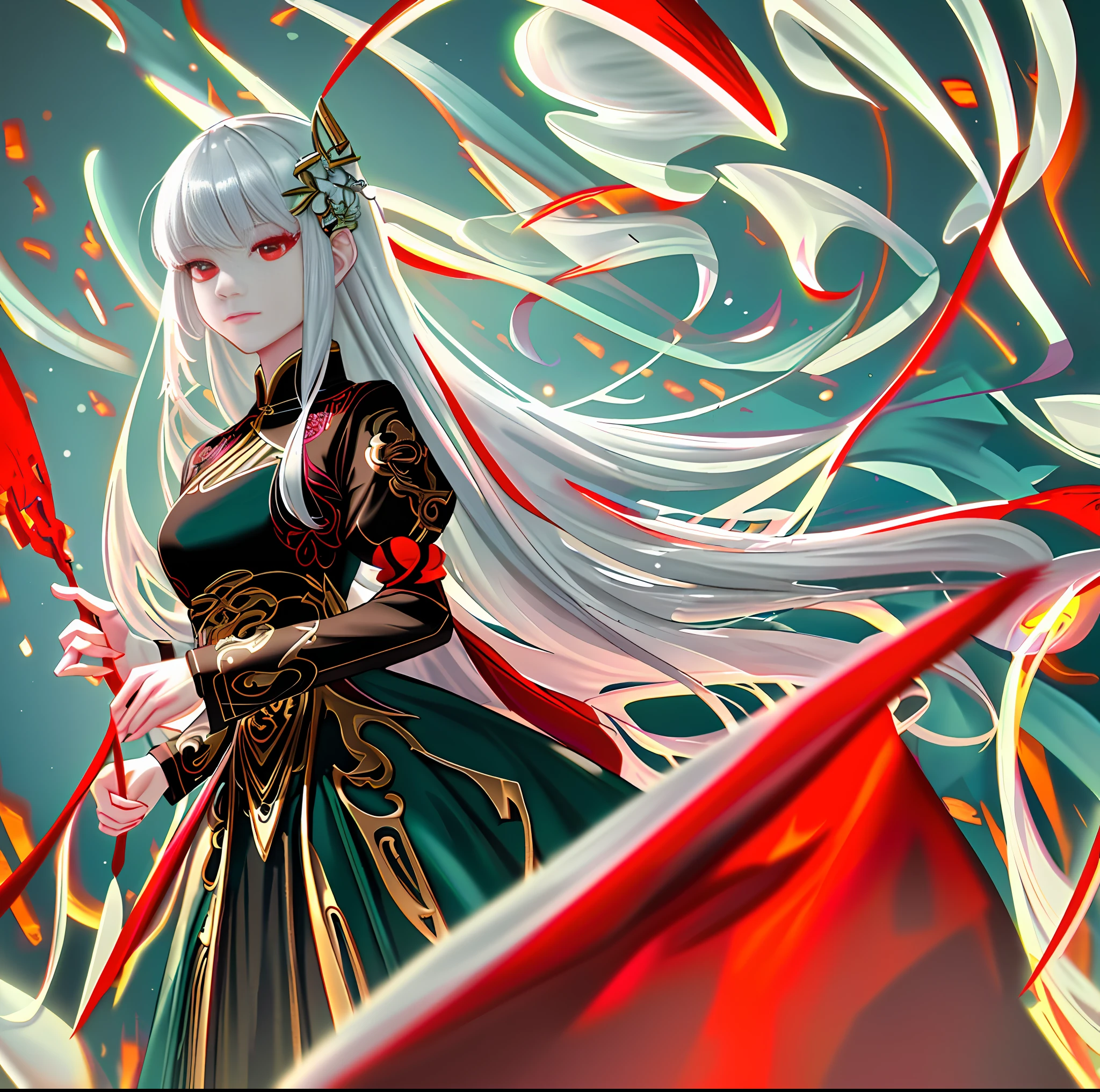 (CG 8k wallpaper extremely detailed, masterpiece, best quality, ultra-detailed), (better lighting, better shadow, extremely delicate and beautiful), floating, high saturation, dynamic angle, ((1girl)), gorgeous, ningguang\(orchid evening dress\) white hair, red eyes, very long hair, hair ornament, bangs