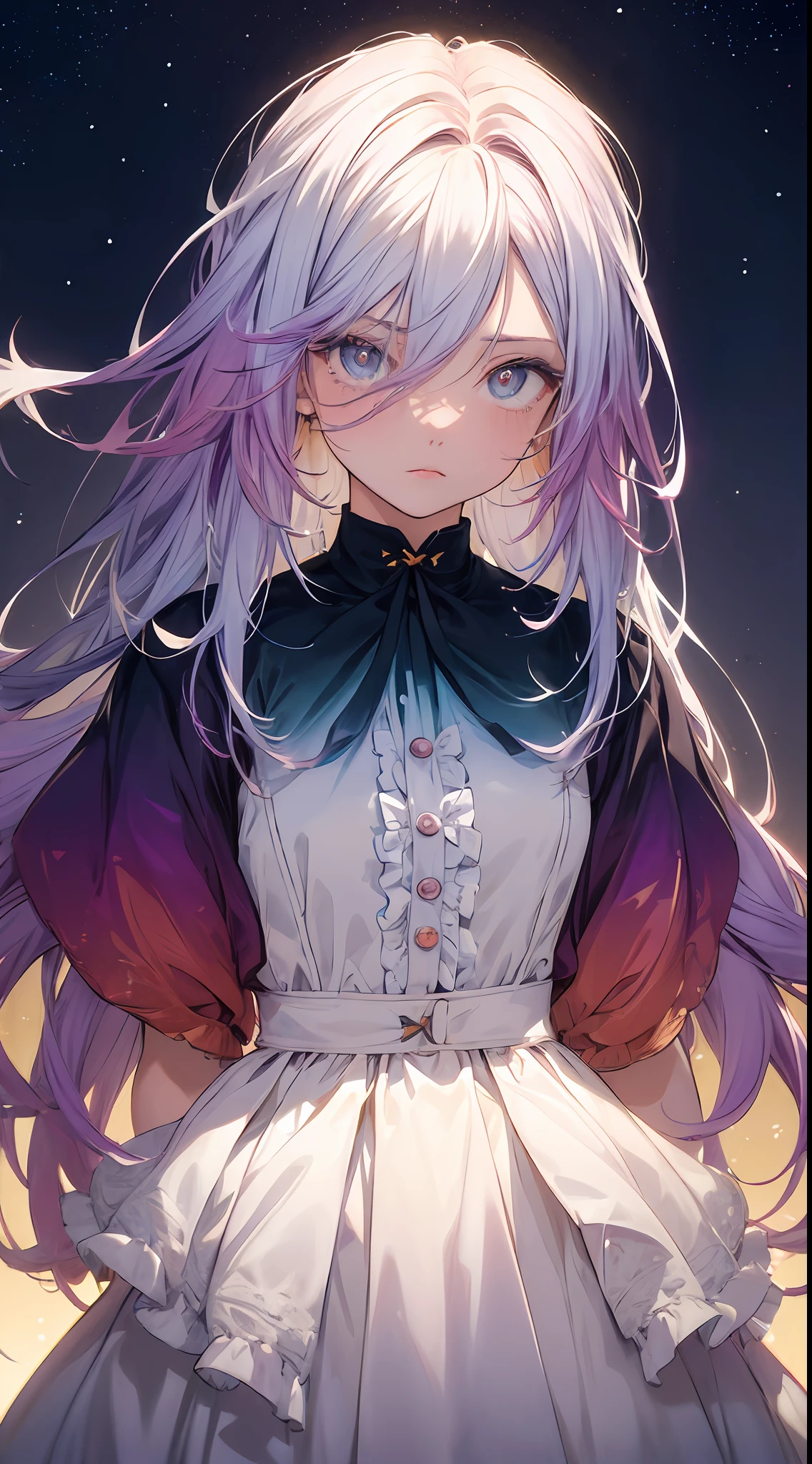 (gradient hair:1.6), dutch angle, film grain, chromatic aberration, starry sky, masterpiece, best quality, raw photo, photorealistic, absurdres, 1girl, cute, perspective, cowboy shot, highres, ultra detailed, finely detail, detailed eyes and face, sharp pupils, realistic pupils, sharp focus, summer, (white long dress:0.6)