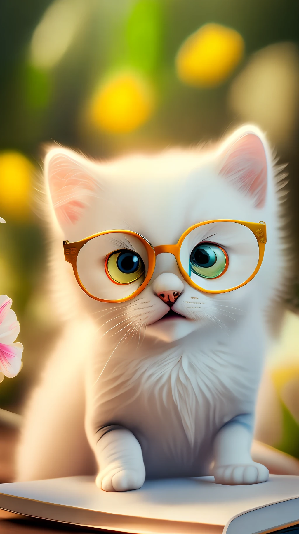 Very cute white tropicalpunk kitten, big eyes, glasses, book, open mouth, laugh, excitement, flowers, professional light, depth of field 8k, golden magic moment, professional photography, octane rendering, ultra-realistic - amazing sunlight, dynamic composition, photography, sharp focus, background bokeh