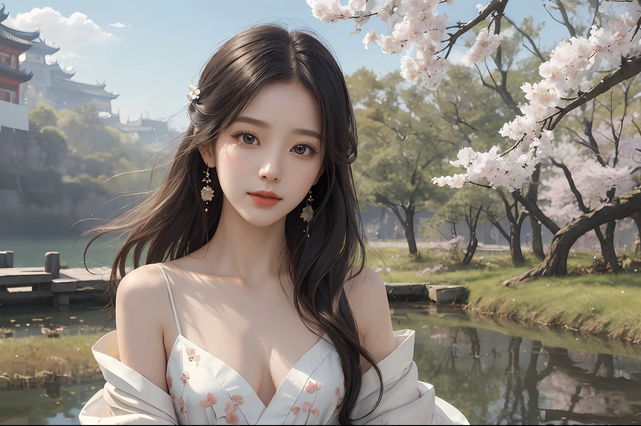 (best quality, masterpiece:1.2), (realistic, photorealistic:1.25), an extremely delicate and beautiful photo, extremely detailed, highres,Girl Portrait, (Face: 1.2), Floating Hair, Wind, Cloud, Sunshine, Movie Light, Bangs, Face Closeup, Sky Background, Oil Painting Texture, Clear Hair, Light Hair, Flowers, Girly, Smiling Face, Bright Eyes, Single Line shoulders, collarbone, shirt, autumn, bare shoulders, bare tree, black hair, branches, cherry blossoms, , coat, (robe: 1.21), collarbone, earrings, hair accessories, Hanfu, jewelry, lips, long hair, mid-chest , Sitting, Solo, Tassels, Tree, Wide Sleeves, See-Through Clothing, See-Through Clothing, Silk, Negative Space, Ink Painting, Statue, Willow Branches, (Masterpiece Best Quality: 1.2), Chinese Painting Ink, Model Shooting Style, Peaceful, Looking at the viewer, wearing long Hanfu, song, willow in the background, shirt, nsfw, full body, head to toe, natural body, girly look, flying hair
,Beautiful face, (young beauty, adult,) little shy cute face,arms behind back