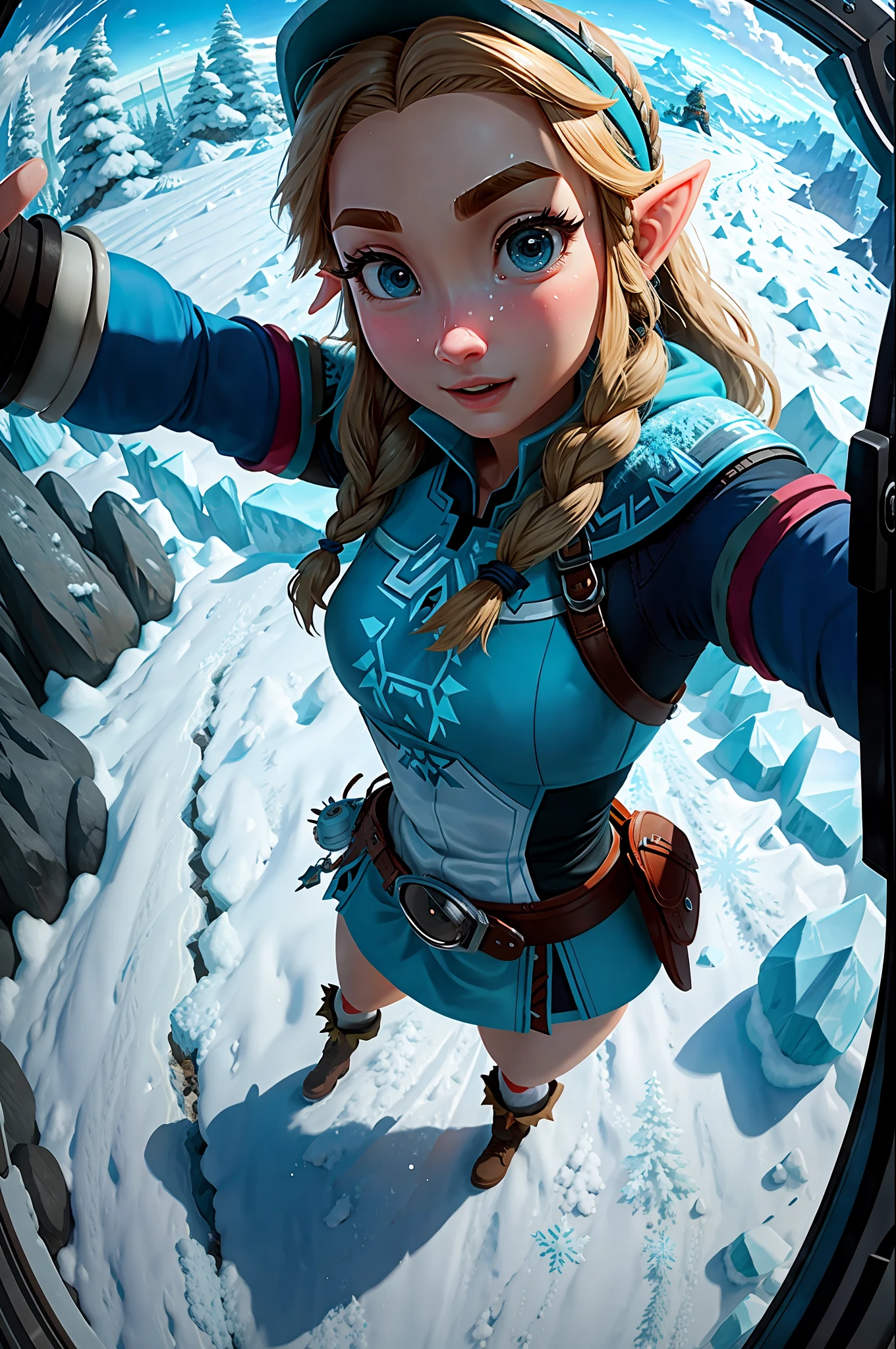 Hyper-realistic GoPro selfie with {Zelda} on set of {Frozen}
