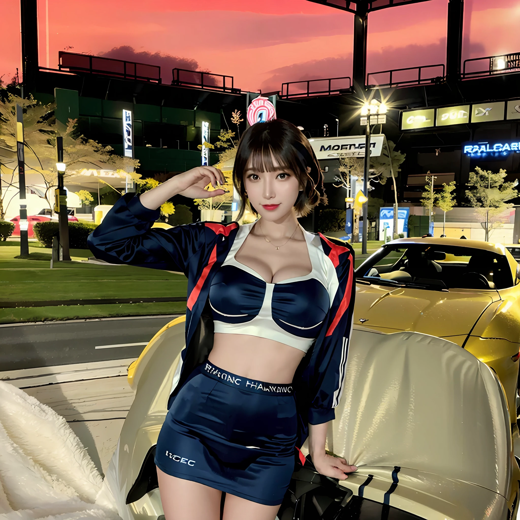 (8k, RAW photo, best quality, masterpiece:1.2), (realistic, photo-realistic:1.37), (full body:1.3) (detailed), (highres), ultra realistic, hyperrealistic, high detail RAW color photo of a 20 y.o women, young female,beautiful face, (high detailed face),looking at viewer, perfect face, young, detailed hair ,cleavage, perfect breast,professional lighting, photon mapping, radiosity, physically-based rendering, ultra-detailed, extremely detailed, beautiful detailed girl, extremely detailed eyes and face, cinematic lighting, perfect fingers, perfect hands, perfect legs, cinematic lighting, extreme details, realistic skin, show belly, high heels,1girl,race_queen,(gigantic breasts:1.2),clothing cutout,underboob, miniskirt, outdoors,((sports car)),((Autoshow)),((Motor show)),smile