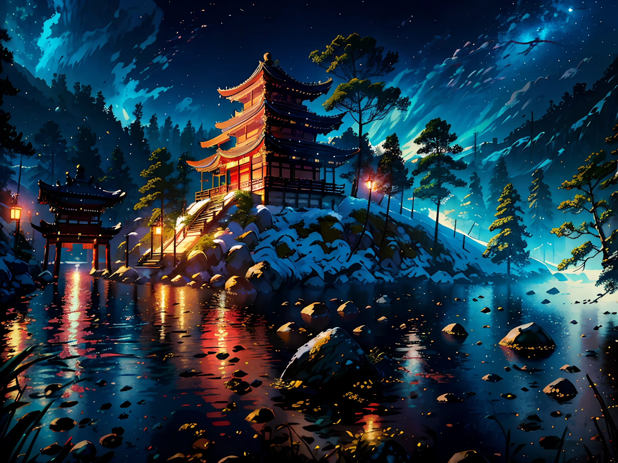 scenery, tree, shrine, outdoors, shimenawa, real world location, rope, east asian architecture, architecture, traditional media, day, building, (Chinese Architecture:1.3), (Cornices:1.3), Wooden Pillars, Unreal Engine, Realistic, Detailed Rendering, Volumetric Lighting, Octane Rendering, Focus, HD, Photography Style, Masterpiece, Perfect Work, Masterpiece, Award-winning work, intricately detailed, 1girl, gorgeous, pretty, red lips, eye_makeup, extremely detailed eyes and face, beautiful detailed eyes, light on face, nose blush, long hair, medium breasts, photo realistic, Chinese clothes, hanfu, snow, outdoors, solo, black hair, tree, hair ornament, sash, shrine, floral print, sky, looking at viewer, stone lantern, night, winter, snowing, architecture, flower, east asian architecture, standing, bangs, hair flower, closed mouth, bare tree, stairs, sidelocks, lantern, scenery, long hair, best quality, super detailed, masterpiece, illustration, (clear background), (detailed light), lighting, (clear sky), night, stars, starry sky, moonlight, water droplets with clear detail:, ripple: 1.1, ake: 1.1, colorful aurora,Dynamic, floating, luminous, League of Legends original painting, (wide-angle viewing angle: 5, )Highest detail, girl of the gods, (walking slowly on the water：1.5), lights emanating from the house, (high contrast),(lam_style, colorful_hair),((masterpiece)), (realistic), (solo:1.2), (original), (very detailed wallpaper), photographic reality, very detailed illustrations, (super intricate details), perfect detail Features, Perfect Detail, (Super Intricate Detail), Panorama, (Cybernetically Enhanced), (Glowing Eyes), (Snow: 1.2), (Otherworldly: 1.5), (Candlelight: 1.2),, (Wood structure:1.2), (smooth:1.2), (night:1.2), (mystery:1.2), (hover:1.2), (float:1.2), (hover:1.2), (torii:1.2), ( Surreal: 1.2), (Fantasy: 1.2), (Radiation: 1.2), (Sparkle: 1.2), (Blink: 1.2), (Glow: 1.2), (Glow Pattern: 1.2),