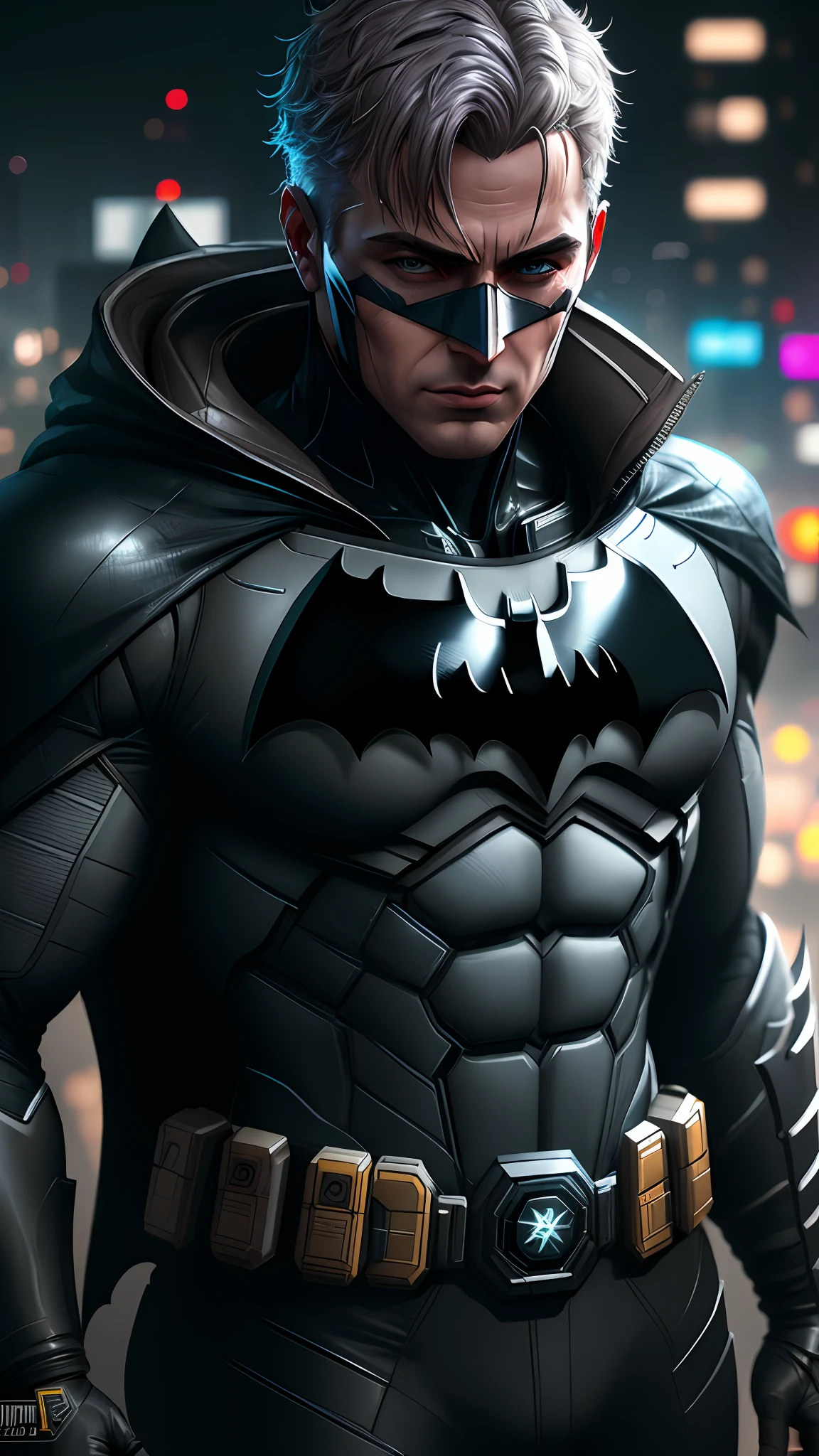 Male Batman, Cyberpunk backdrop, photography,soft lighting, soft details, octane, artstation trending, ultra high detail, ultra realistic, cinematic,16k