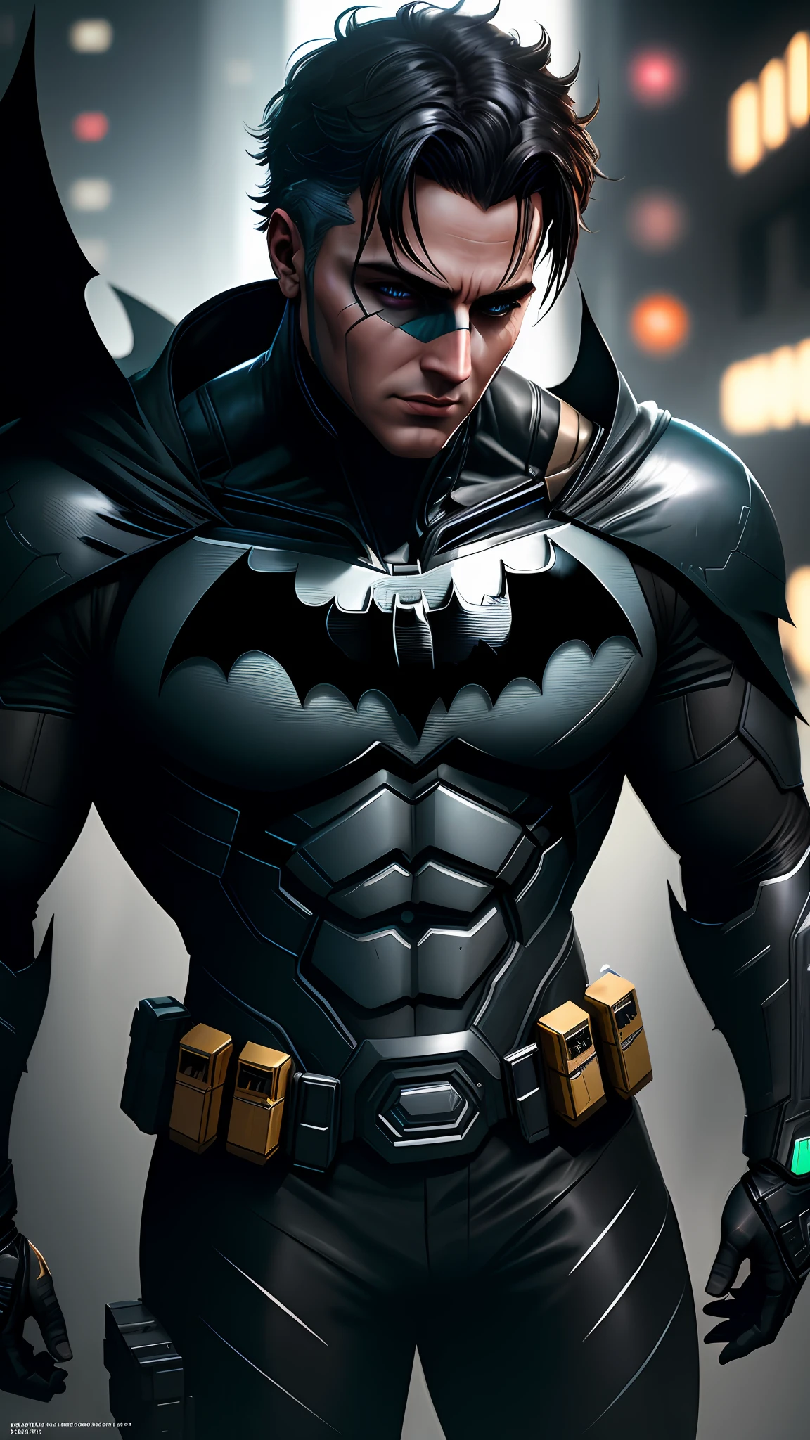 Male Batman, Cyberpunk backdrop, photography,soft lighting, soft details, octane, artstation trending, ultra high detail, ultra realistic, cinematic,16k