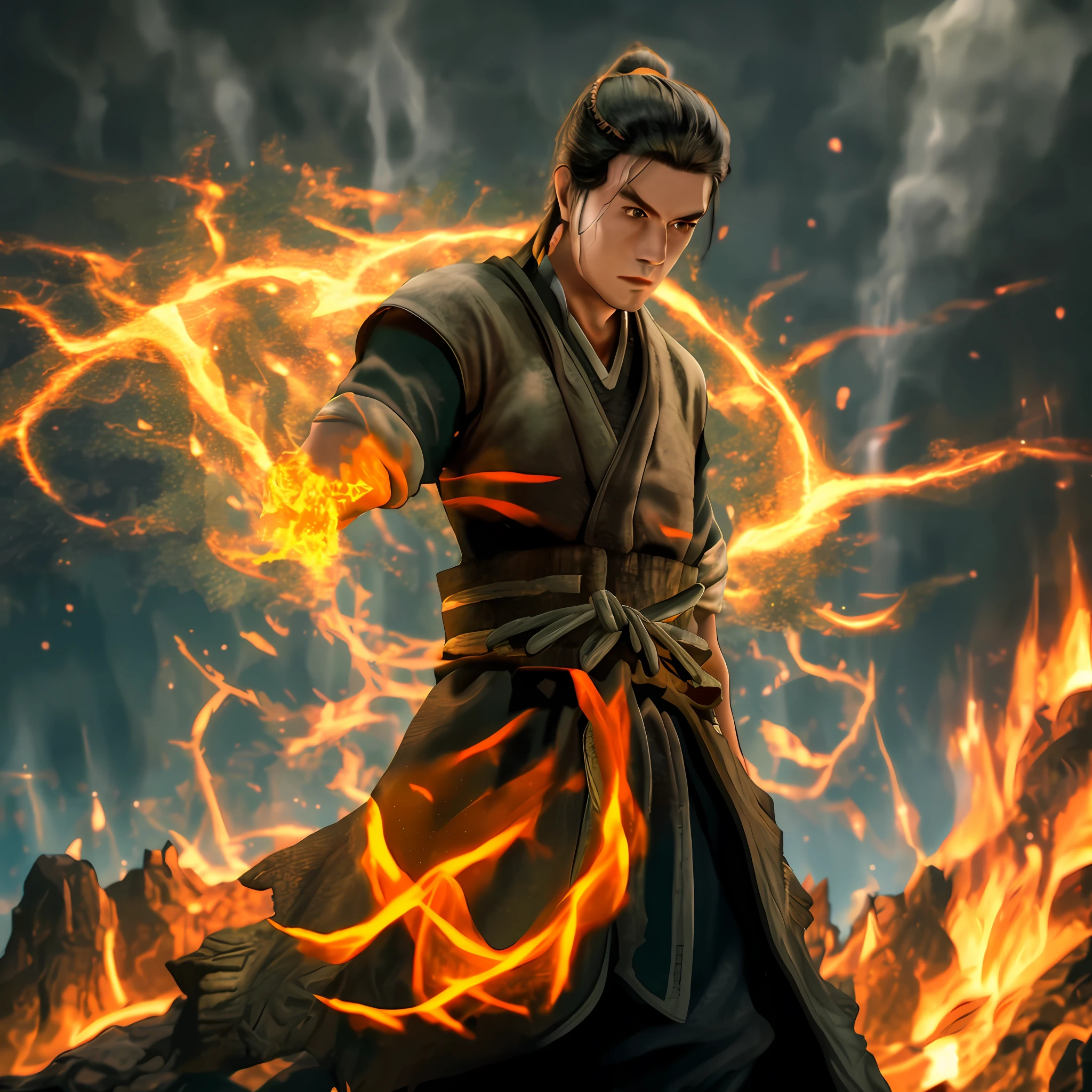 Masterpiece, highest quality, 8K, HD, (no clothes), a male immortal cultivator, (Han Li: 1.2), black clothes, body surrounded by flames, firelight, sparks splashing, flame atmosphere, rich details, clothes very delicate, (small green bottle, delicate grain, glowing green, green starlight: 1.2), hands on chest, (night), darkness, fireflies, lots of fireflies, night view,
