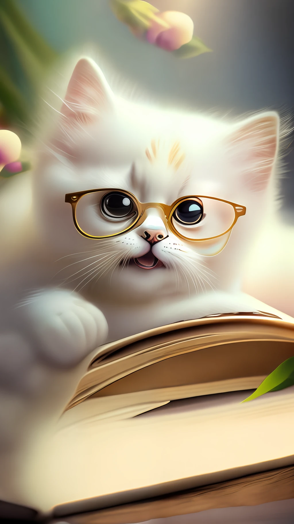 Very cute white tropical punk kitten lying on book, big eyes, glasses, open mouth, laughing, excitement, flowers, professional light, depth of field 8k, golden magic moment, professional photography, octane rendering, super realistic - amazing sunlight, dynamic composition, photography, sharp focus, bokeh