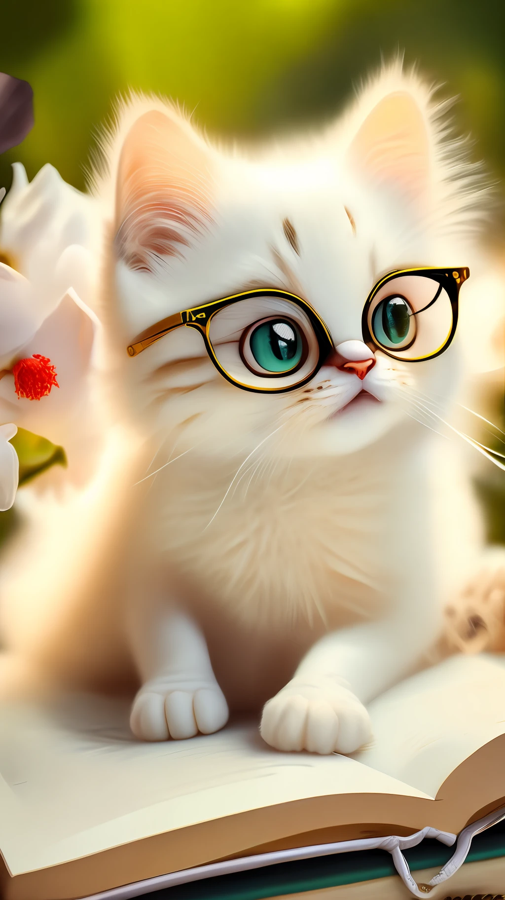 Very cute white tropical punk kitten lying on book, big eyes, glasses, open mouth, laughing, excitement, flowers, professional light, depth of field 8k, golden magic moment, professional photography, octane rendering, super realistic - amazing sunlight, dynamic composition, photography, sharp focus, bokeh
