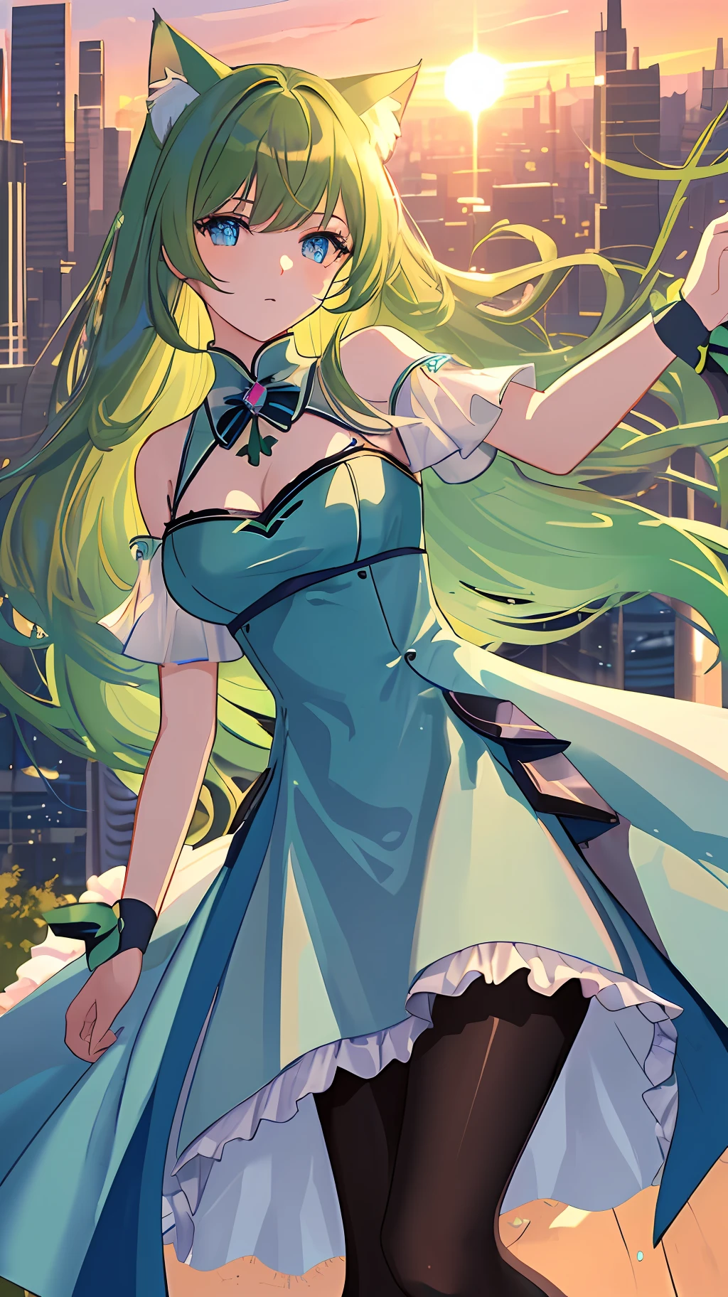 (((Masterpiece))), ((best quality)) ultra detailed, Beautiful girl, green hair, extremely long hair, cat ears, beautiful body, short dress, stylish dress, blouse, bare shoulders, semi transparent pantyhose, penetrating look, sparkling blue eyes, futuristic city, natural light, sunset, well detailed shadows, bright colors,