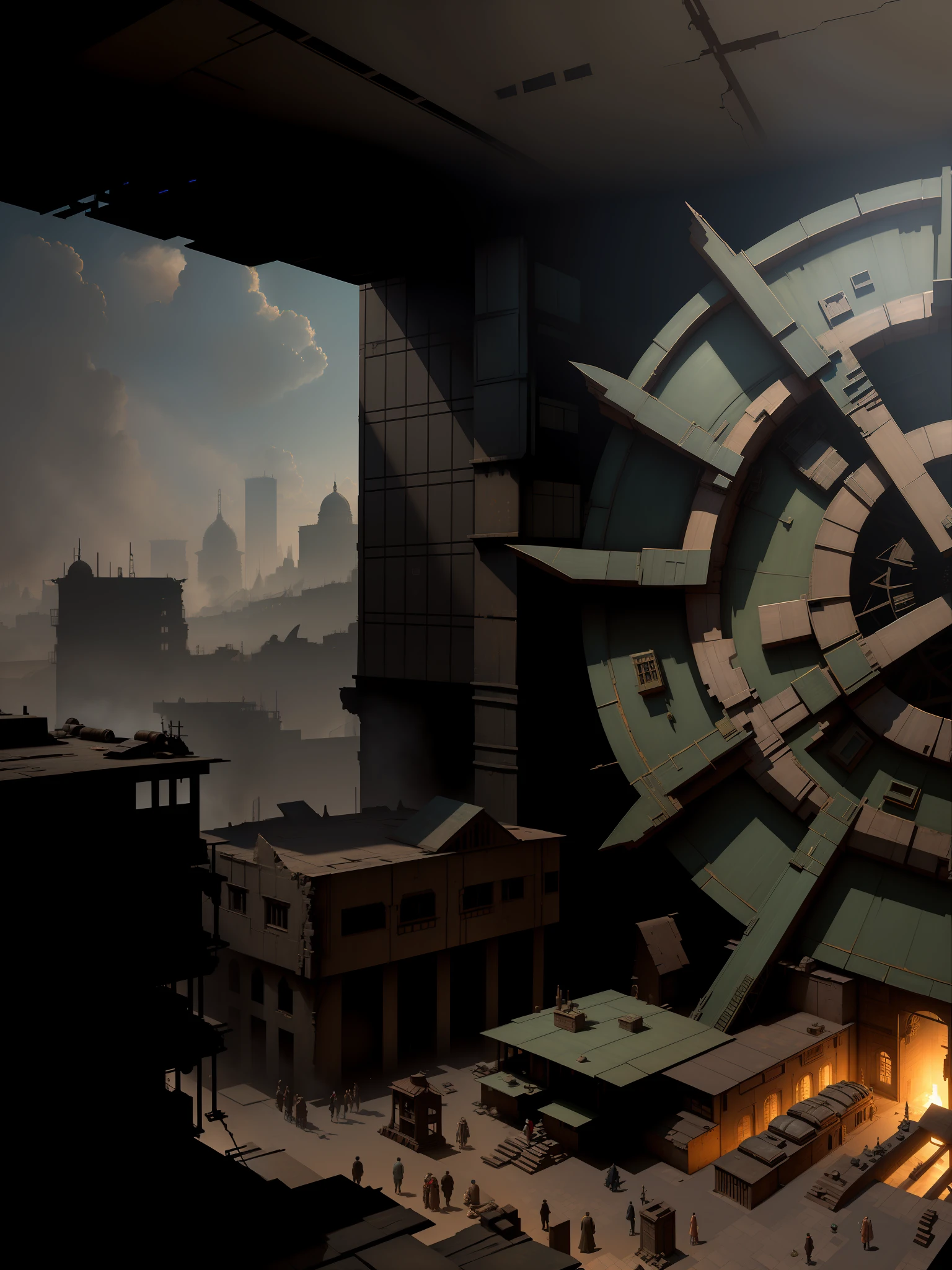 ((masterpiece)),((best quality)),((high detail)),((realistically,)) Industrial Age City, tiny groups of people and queues, architectural streets, bazaars, post-apocalyptic world style, ruined buildings, hyper detail, ultra detail, (physically based rendering), (rtx)