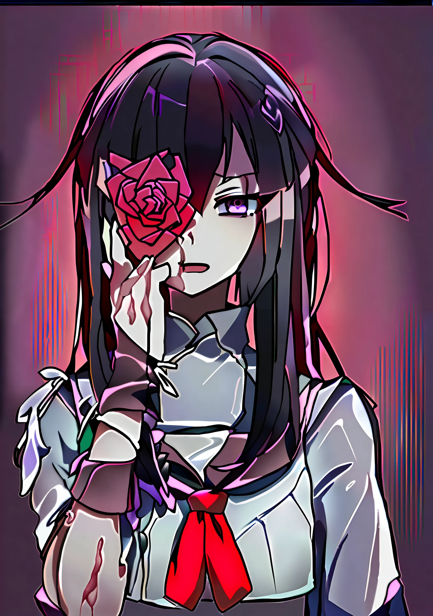 anime girl with blood on her face holding a rose, yandere, gapmoe yandere, yandere. tall, yandere intricate, gapmoe yandere grimdark, portrait gapmoe yandere grimdark, akane owari danganronpa, 2 d anime style, anime artstyle, in an anime style, (anime girl), by Jin Homura