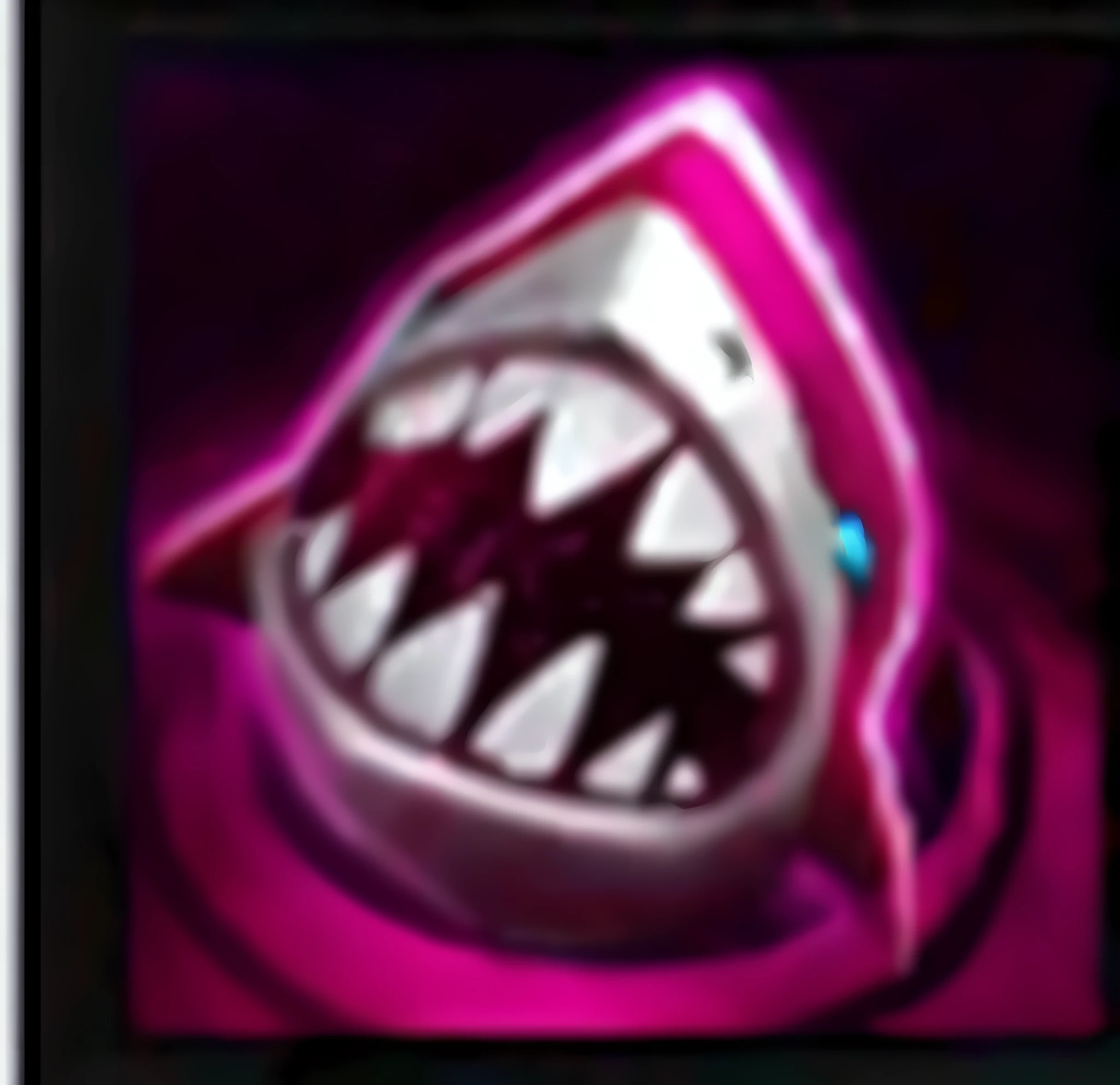 a close up of a pink and black picture of a shark's mouth, arcane jinx, style of league of legends, chomatic aberration, league of legends inventory item, sharp silver armor fuchsia skin, mimic, arcane league of legends, league of legends arcane, irelia, style league of legends, league of legends champion