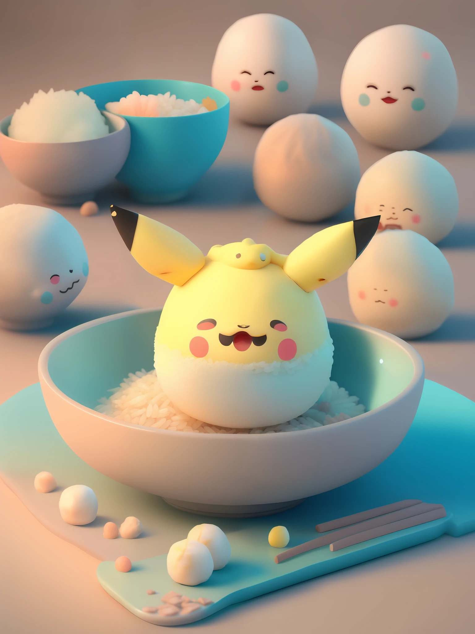 Chibi wind rice balls, Pikachu rice balls, very cute face, very real, Chinese folk art style rice balls, Chinese kitchen background, steaming, looks delicious, ultra HD picture quality, realistic skin texture