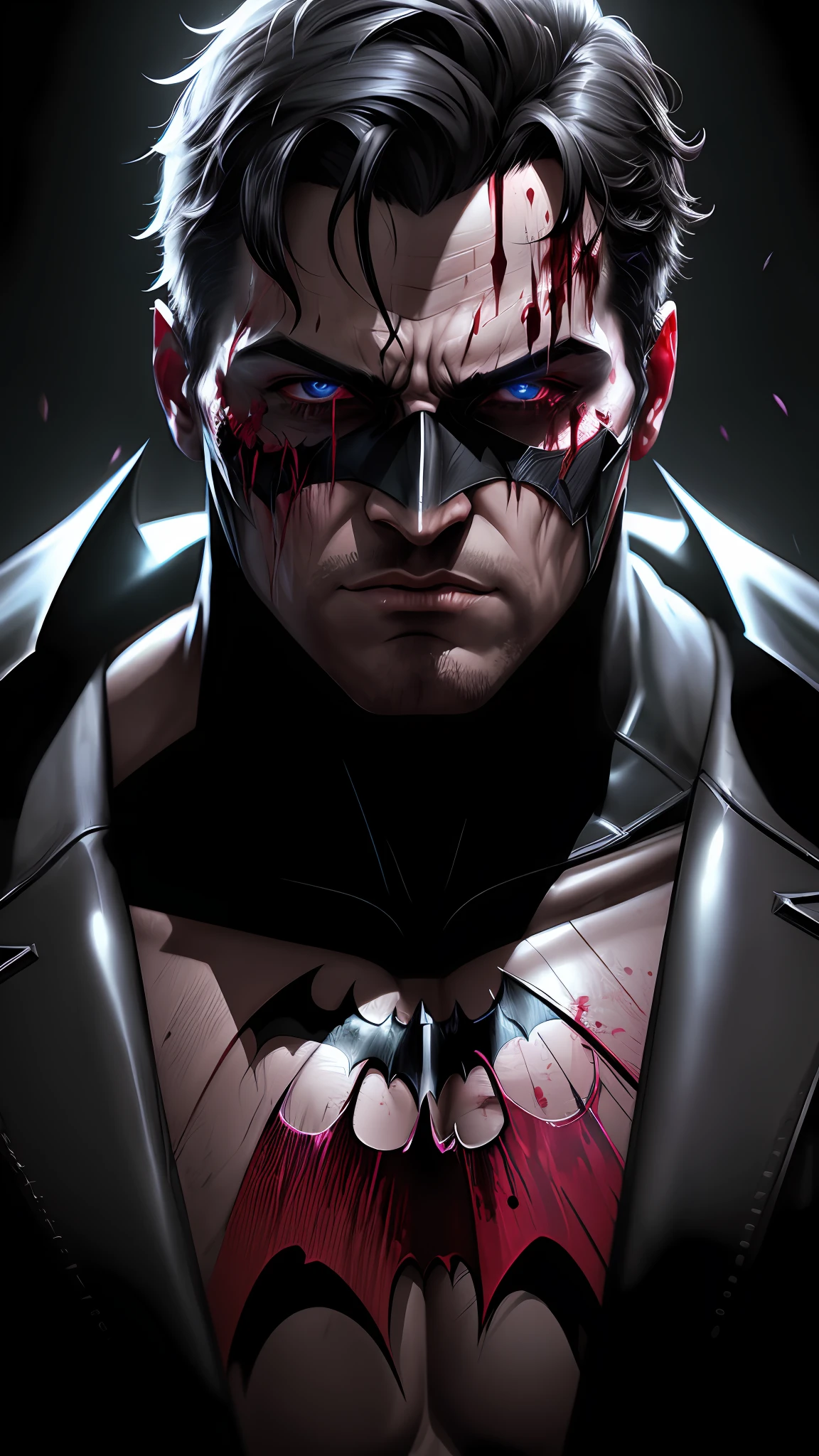 Corrupted male Batman, bleeding face, photography,soft lighting, soft details, octane, artstation trending, ultra high detail, ultra realistic, cinematic,16k