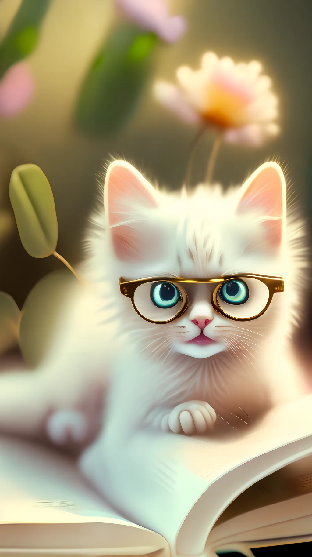 Very cute white tropical punk kitten lying on book, big eyes, glasses, open mouth, laughing, excitement, flowers, professional light, depth of field 8k, golden magic moment, professional photography, octane rendering, super realistic - amazing sunlight, dynamic composition, photography, sharp focus, bokeh