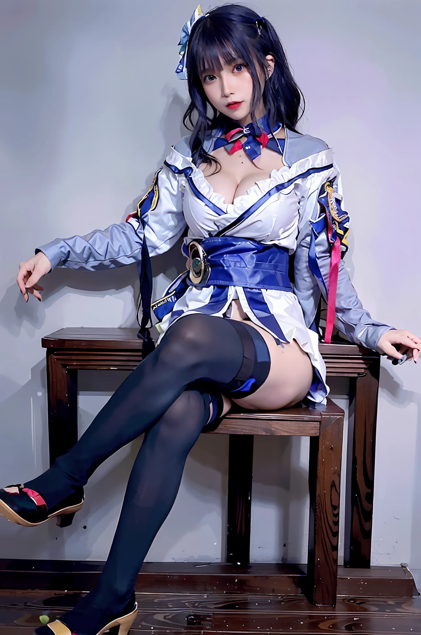 Nennini, (pureerosface_v1:0.66), Top Quality, Ultra High Definition, (Photorealistic: 1.4), 1 Girl, Nice Detailed Eyes, Slim Waist, Blush, Kpop Idol, (aegyo Sal: 1.0), Solo, Perfect Anatomy, (Big), (Cleavage), (Slender), (Black Hair: 1), (Watch the Viewer), Sitting, Legs Crossed, Chair, (original_alice), (light blue tie), (marine blue eyes), (table), (alice_halo:0.7), (blue halo), (smile), (happy), (pigtails), (long hair), (long bang), (blue archive), (black hair belt), (long coat), (uniform), (white long sleeve shirt), (pleated skirt), ( Navy Blue Skirt), (Barefoot), NSFW, Depth of Field, Glossy Skin, Slim Waist, Solo, Perfect Anatomy, Cosplayer