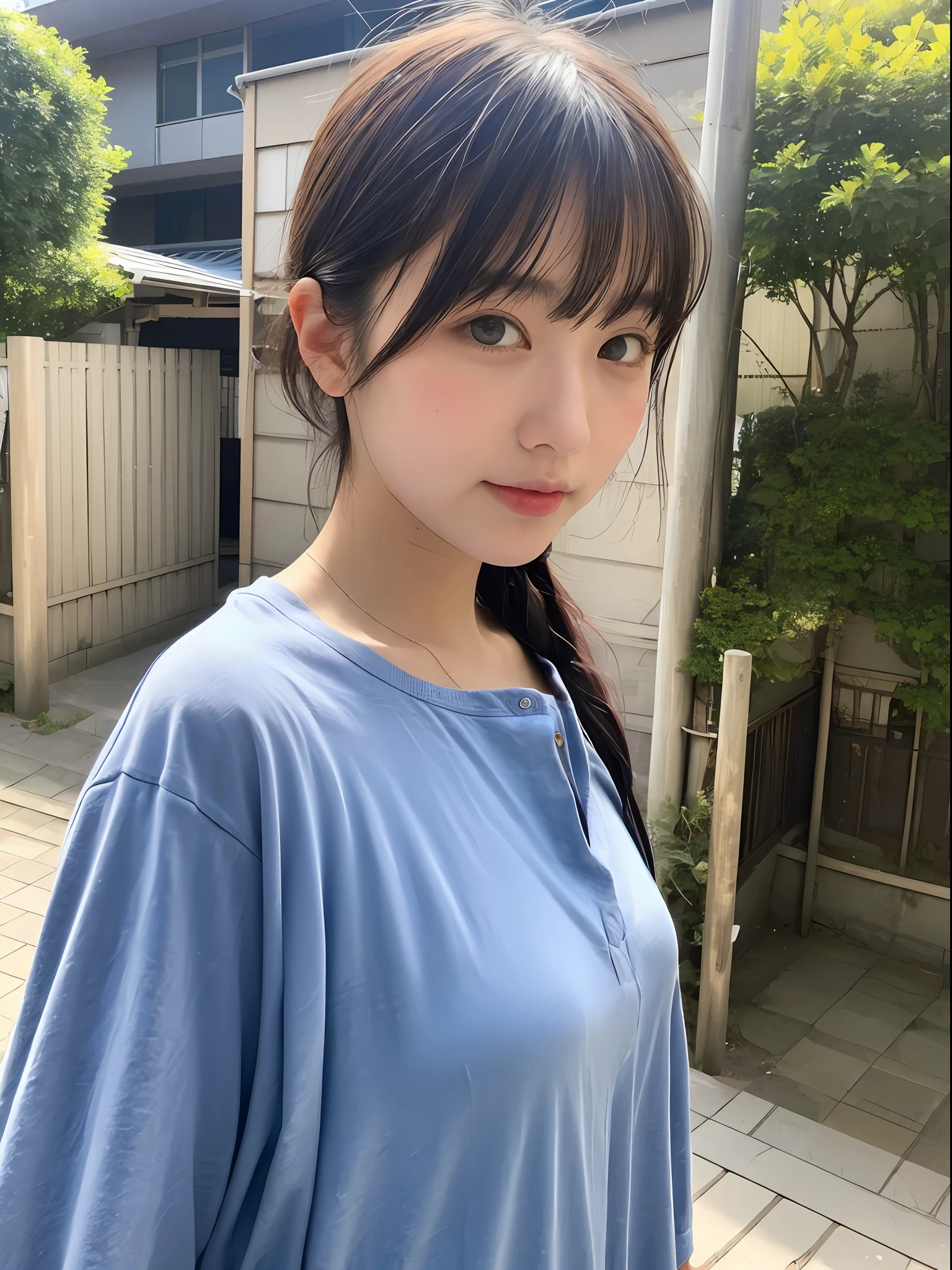 Same face as above photo, outside, city of Tokyo, wearing a shirt, less exposed
